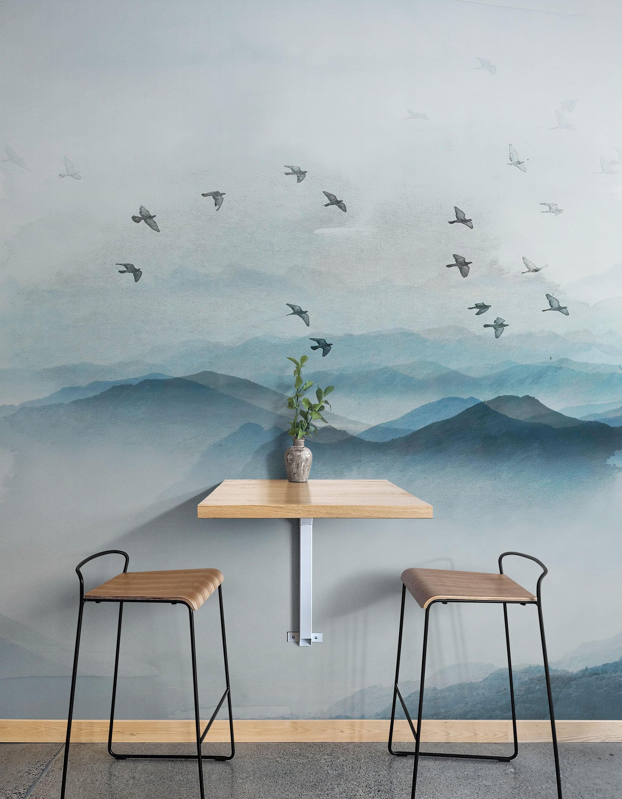 Mural de pared de pájaros migrando sobre una montaña. Papel tapiz despegable y adhesivo con temática asiática. #6467