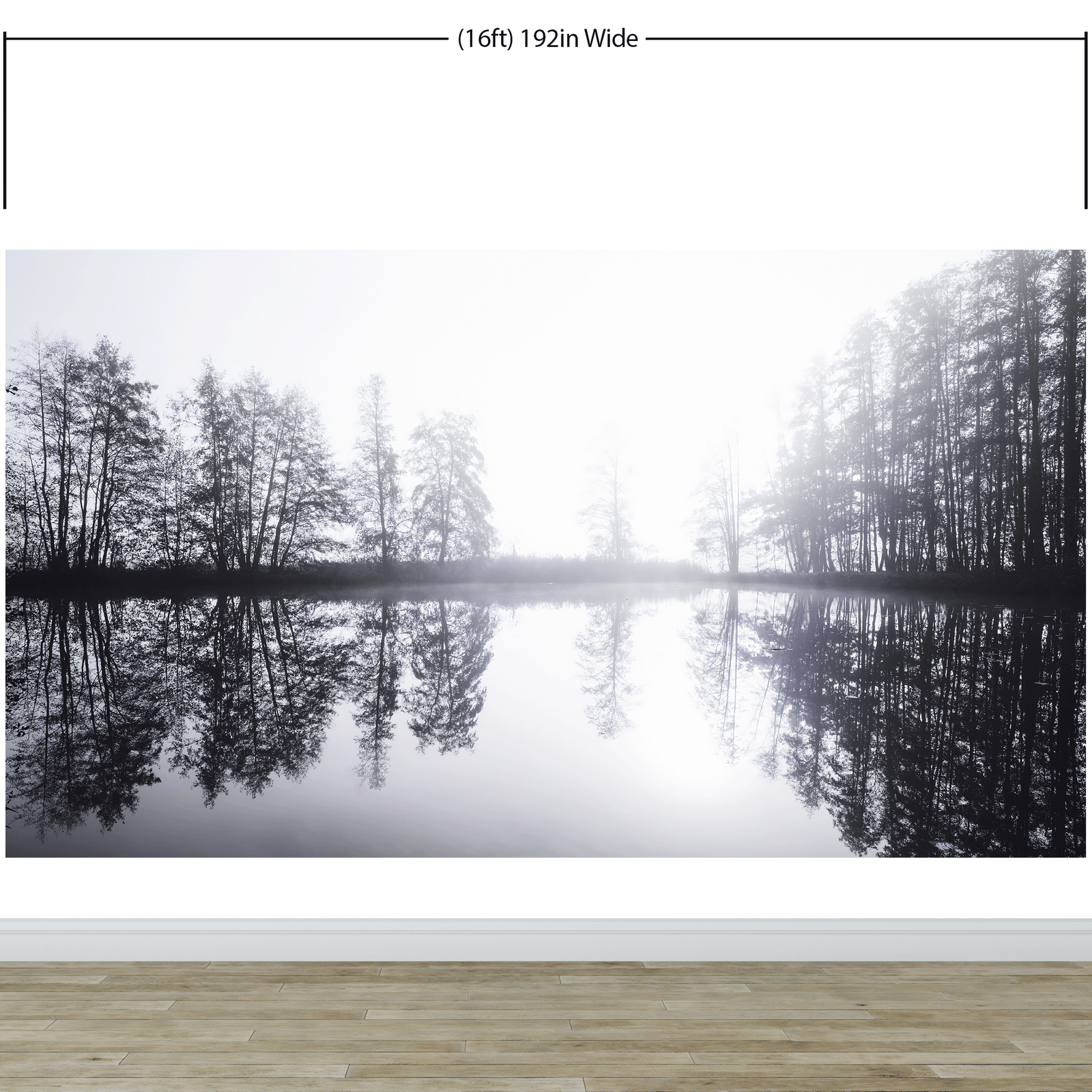 Mural de pared con bosque brumoso. Papel tapiz autoadhesivo con vista al lago y bosque brumoso en gris cálido. N.º 6474
