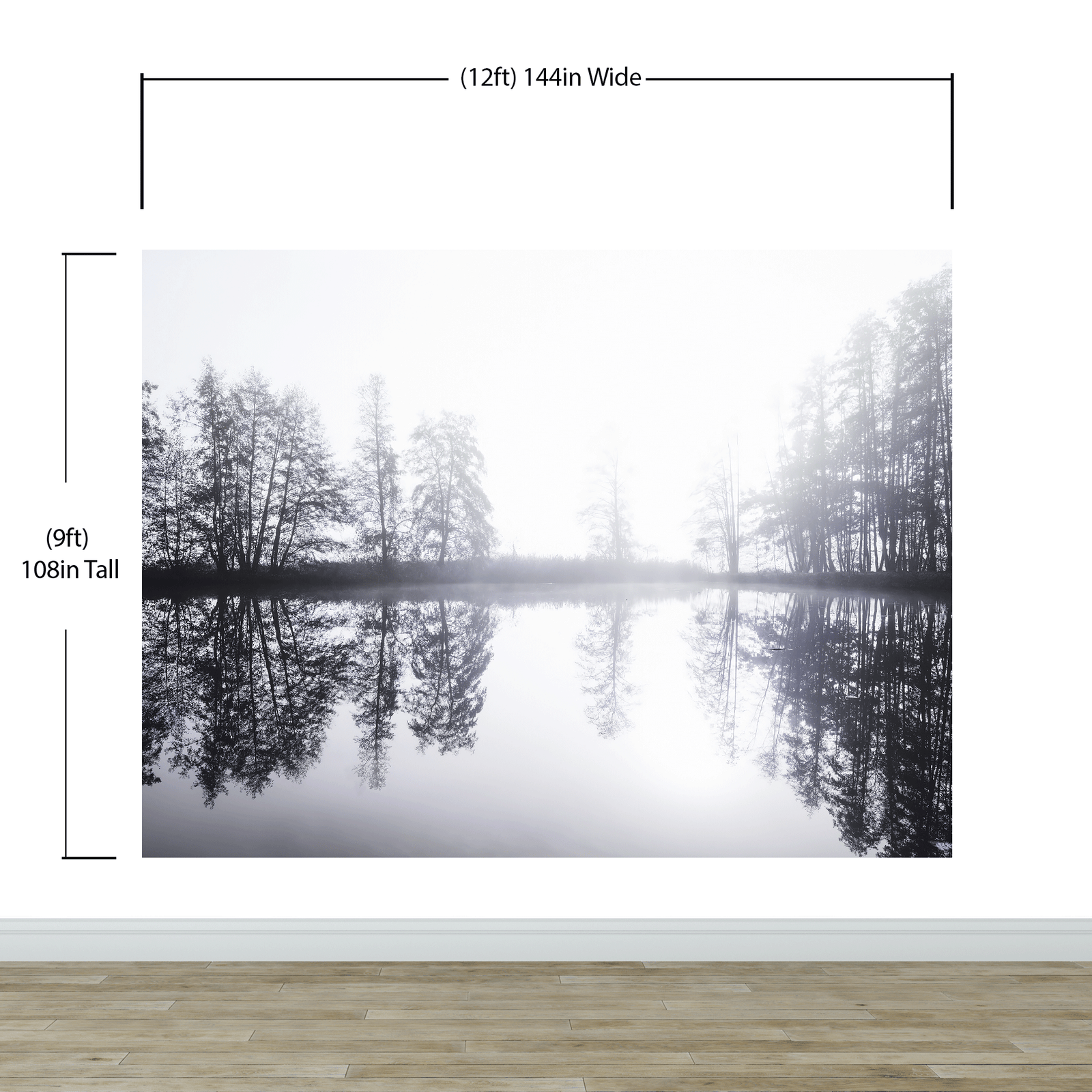 Mural de pared con bosque brumoso. Papel tapiz autoadhesivo con vista al lago y bosque brumoso en gris cálido. N.º 6474