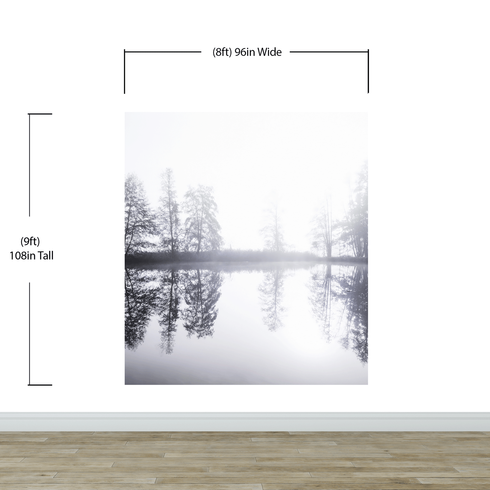 Mural de pared con bosque brumoso. Papel tapiz autoadhesivo con vista al lago y bosque brumoso en gris cálido. N.º 6474