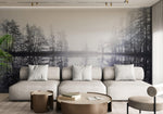 Mural de pared con bosque brumoso. Papel tapiz autoadhesivo con vista al lago y bosque brumoso en gris cálido. N.º 6474