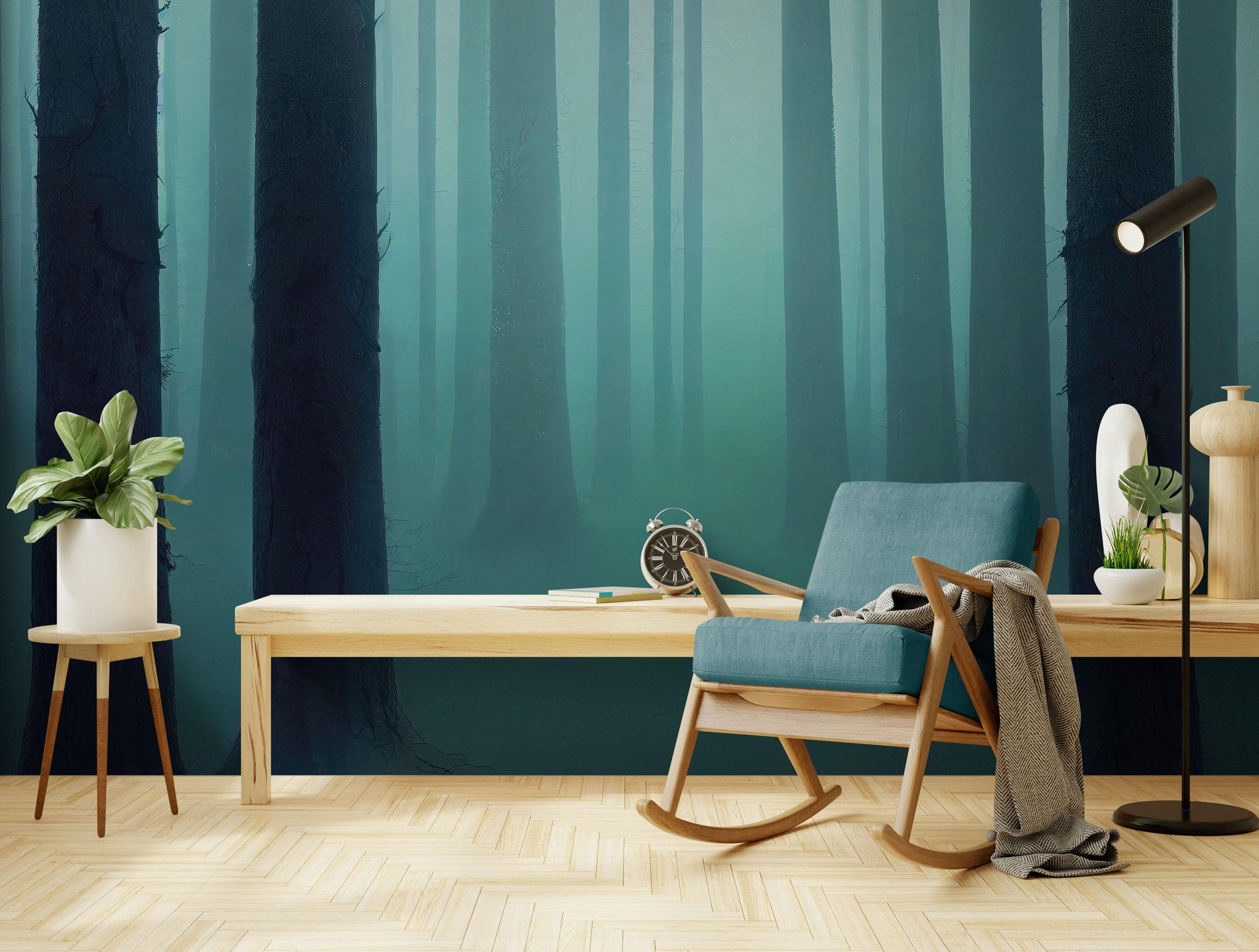 Mural de pared con bosque brumoso. Papel tapiz con niebla verde esmeralda. #6476