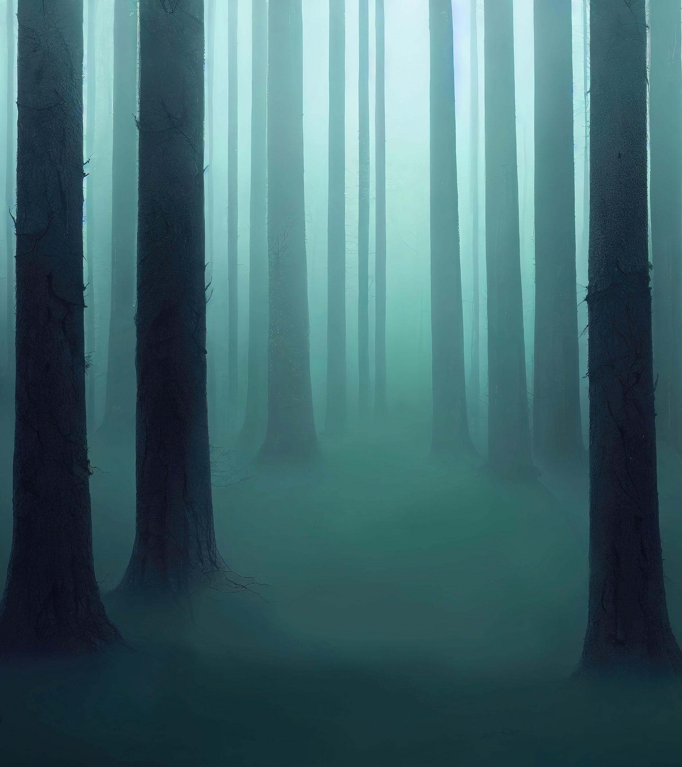Mural de pared con bosque brumoso. Papel tapiz con niebla verde esmeralda. #6476