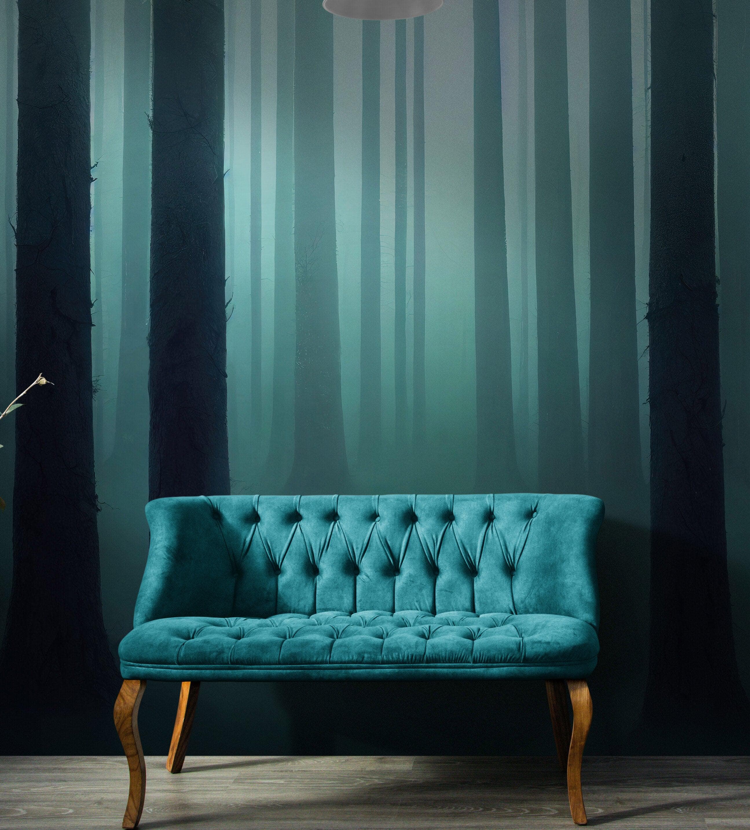 Mural de pared con bosque brumoso. Papel tapiz con niebla verde esmeralda. #6476