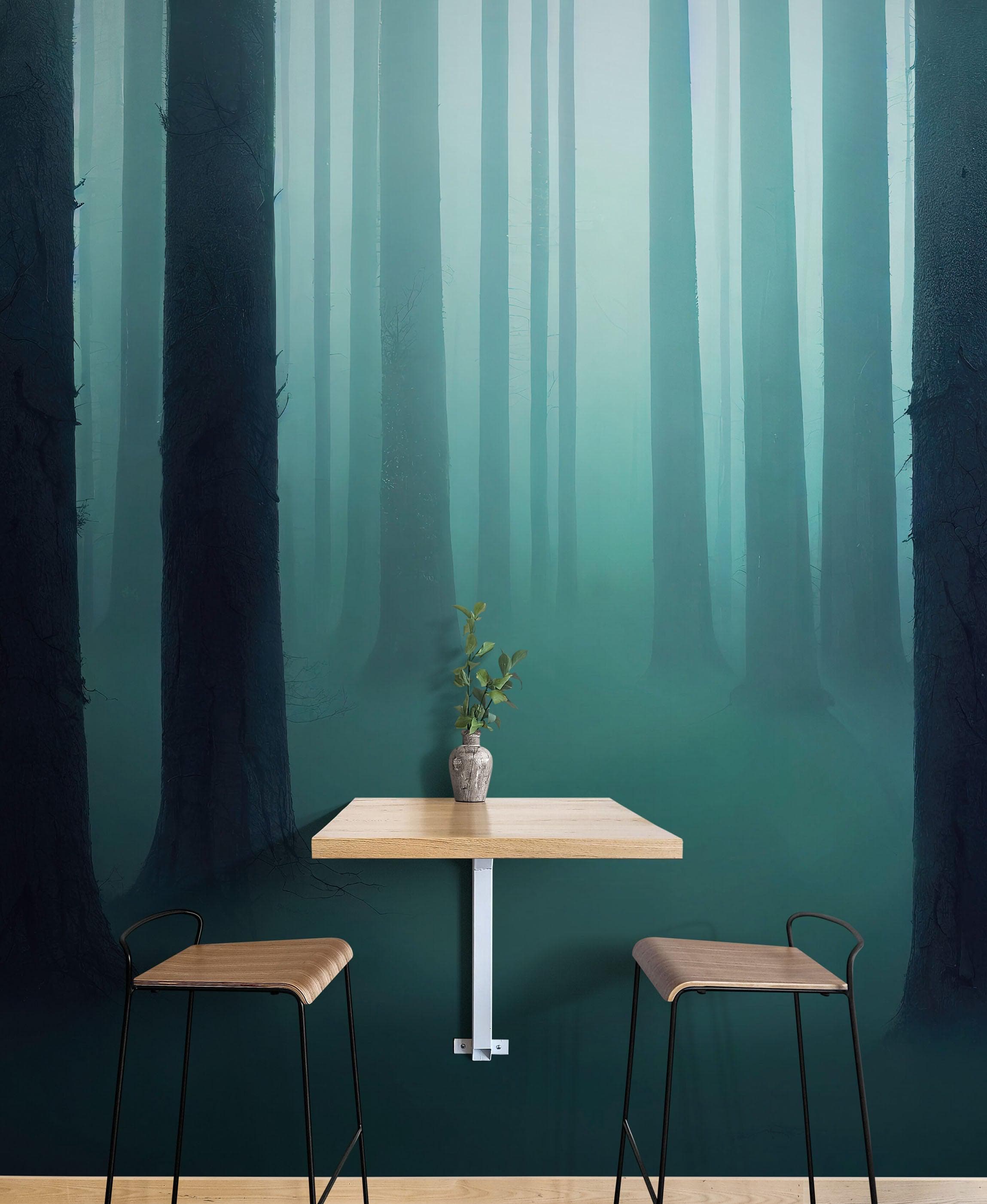 Mural de pared con bosque brumoso. Papel tapiz con niebla verde esmeralda. #6476