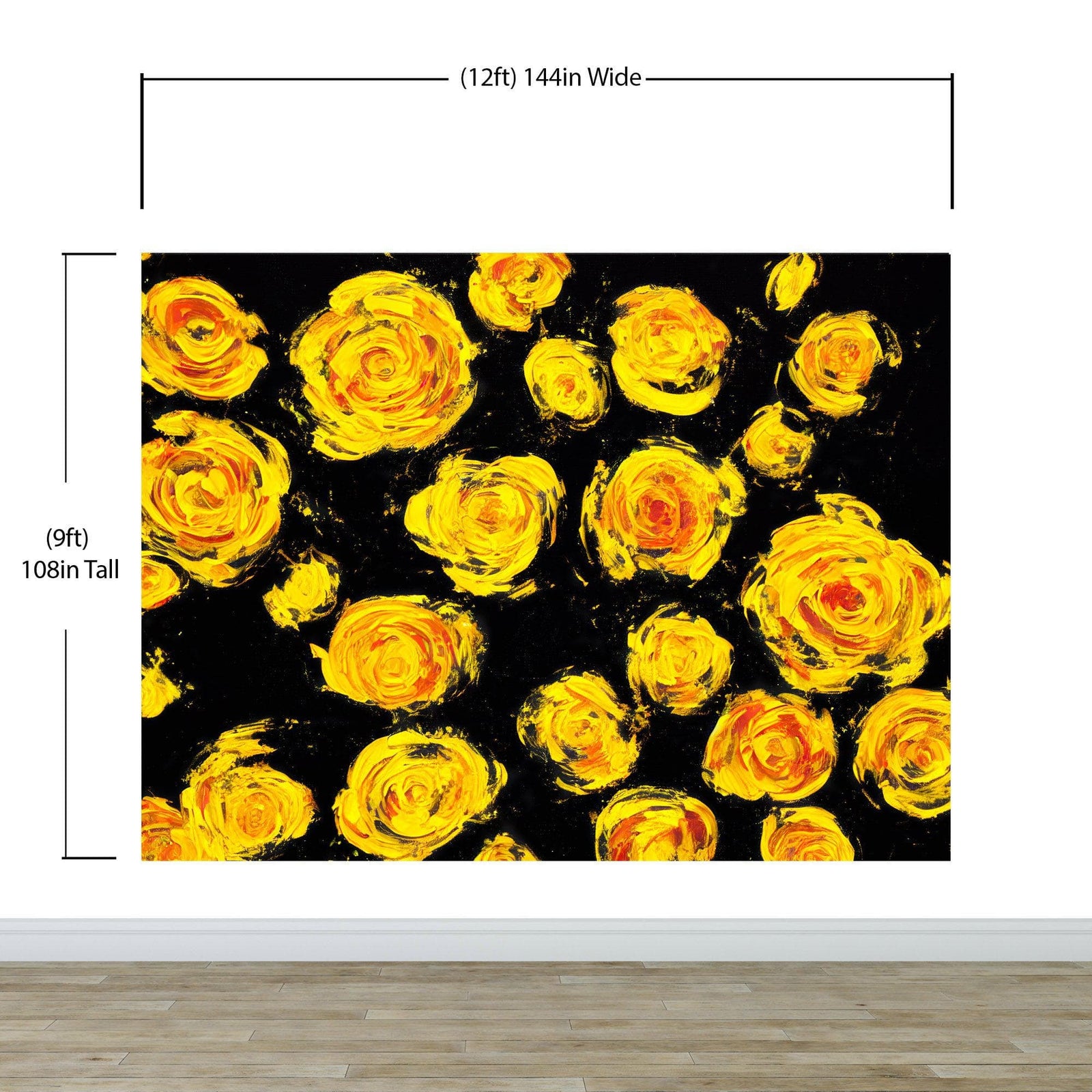 Mural de pared autoadhesivo con papel tapiz de flores. Flores amarillas sobre fondo negro. #6499 
