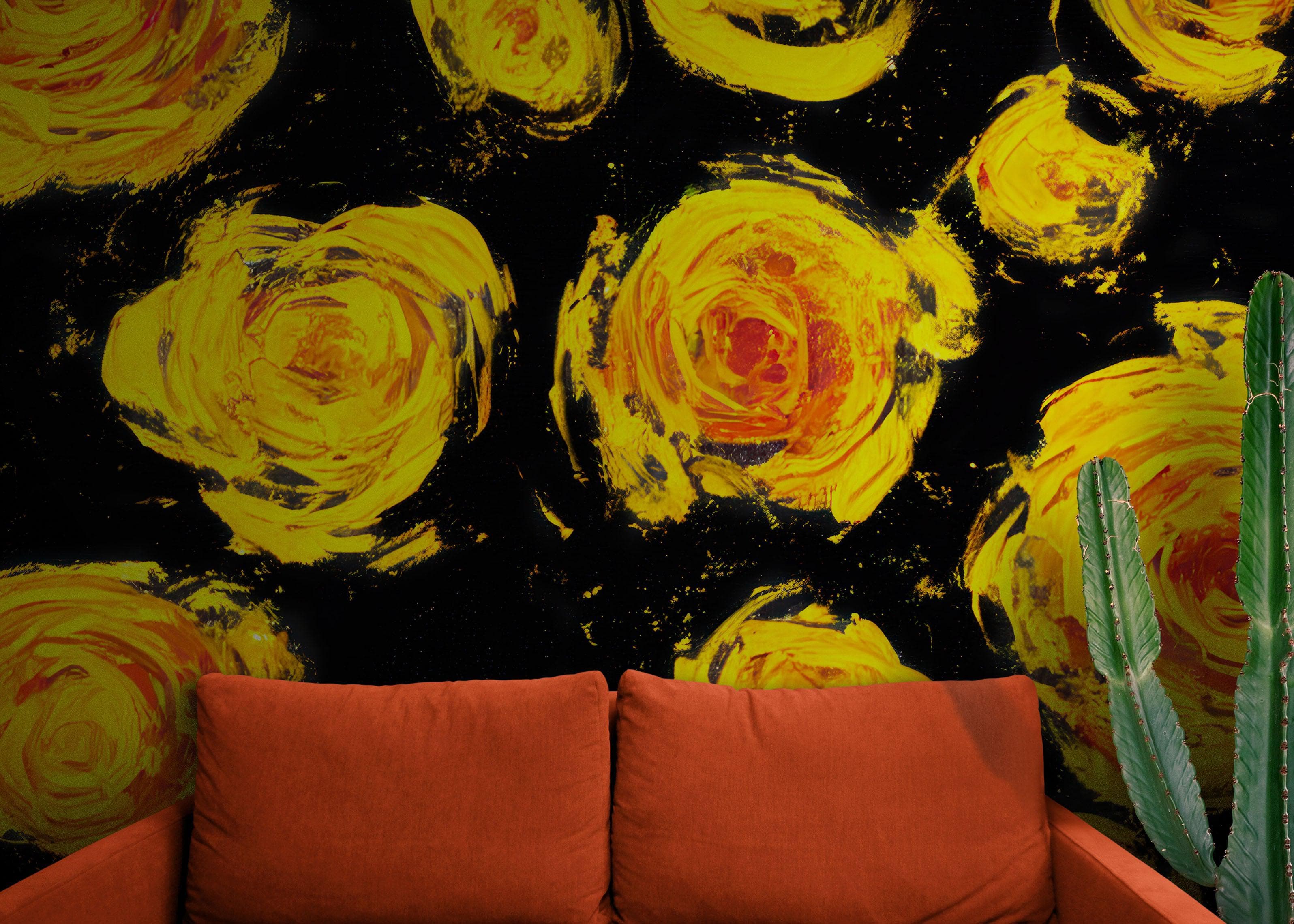 Mural de pared autoadhesivo con papel tapiz de flores. Flores amarillas sobre fondo negro. #6499 
