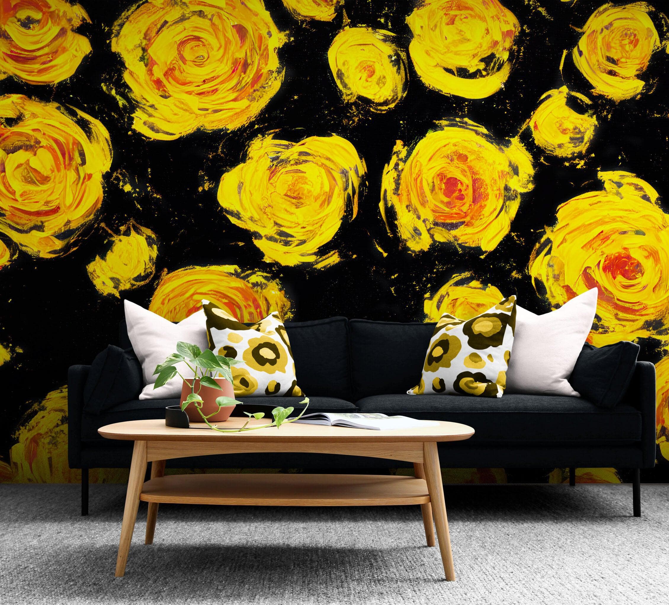 Mural de pared autoadhesivo con papel tapiz de flores. Flores amarillas sobre fondo negro. #6499 