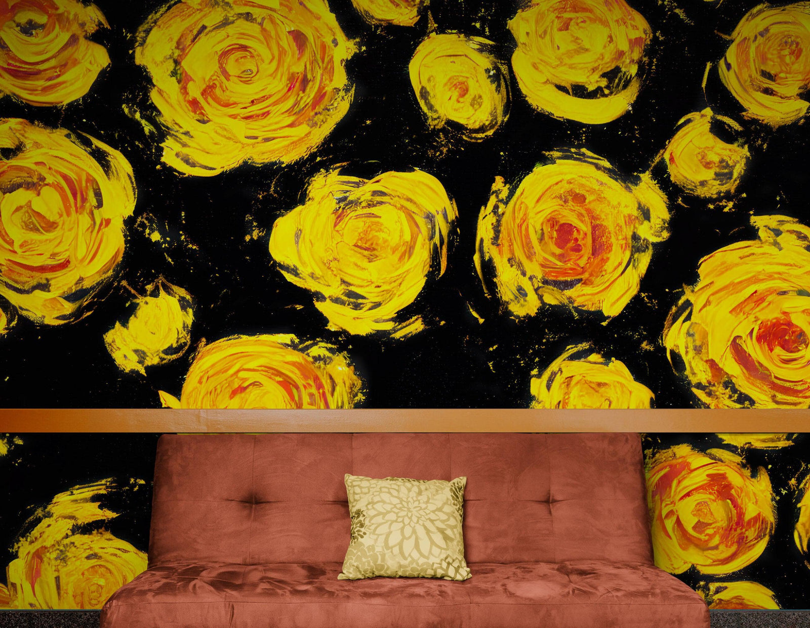 Mural de pared autoadhesivo con papel tapiz de flores. Flores amarillas sobre fondo negro. #6499 