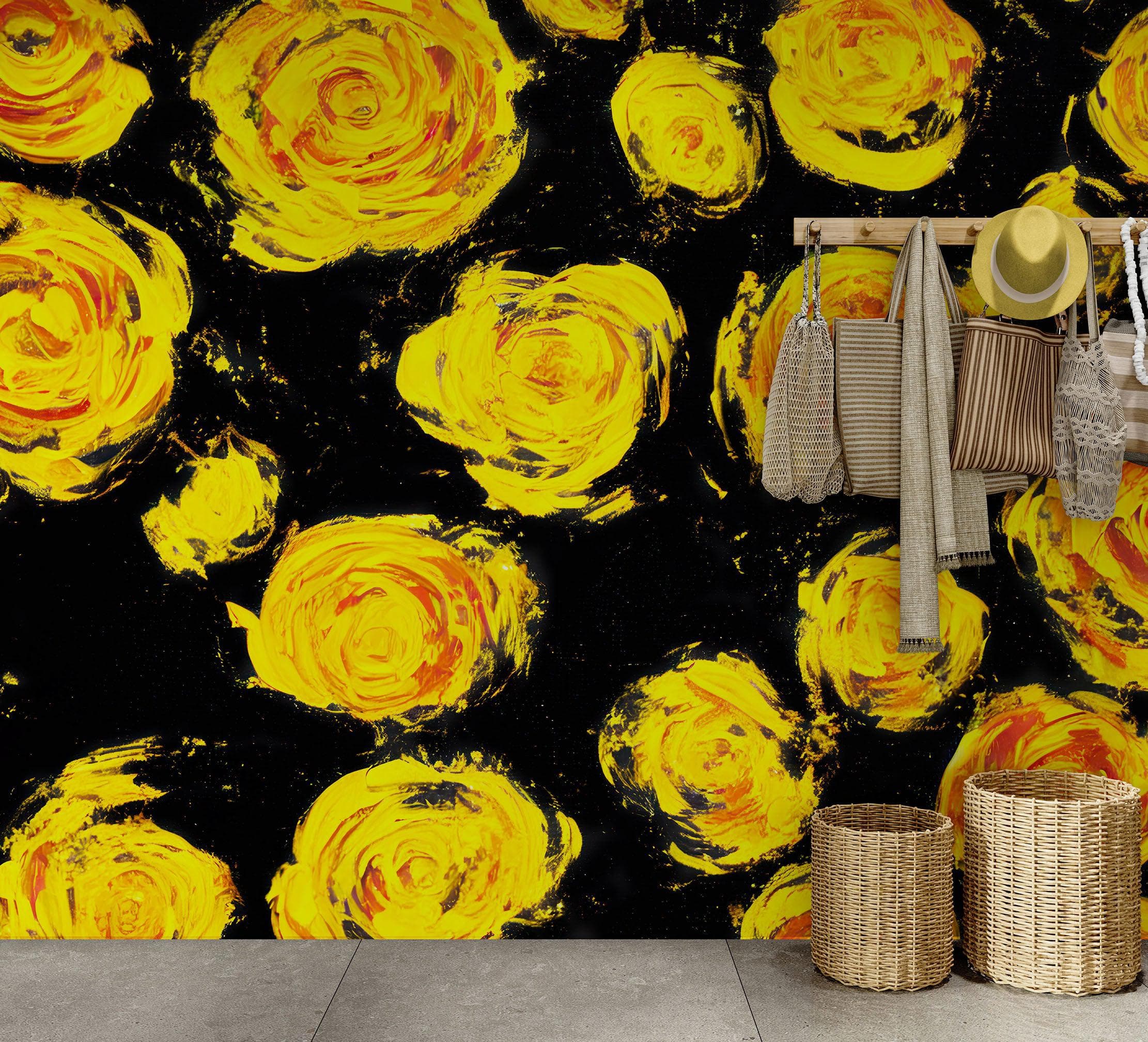 Mural de pared autoadhesivo con papel tapiz de flores. Flores amarillas sobre fondo negro. #6499 