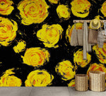 Mural de pared autoadhesivo con papel tapiz de flores. Flores amarillas sobre fondo negro. #6499 
