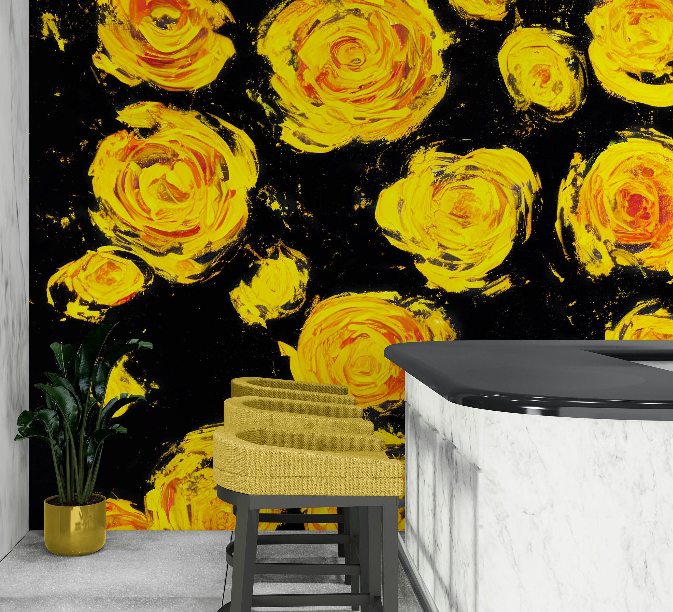Mural de pared autoadhesivo con papel tapiz de flores. Flores amarillas sobre fondo negro. #6499 