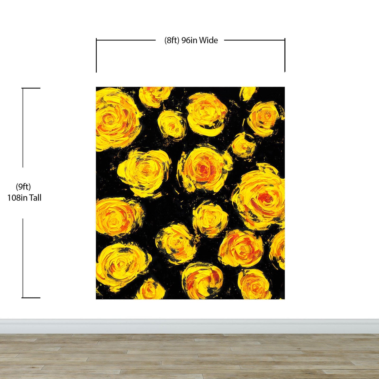 Mural de pared autoadhesivo con papel tapiz de flores. Flores amarillas sobre fondo negro. #6499 