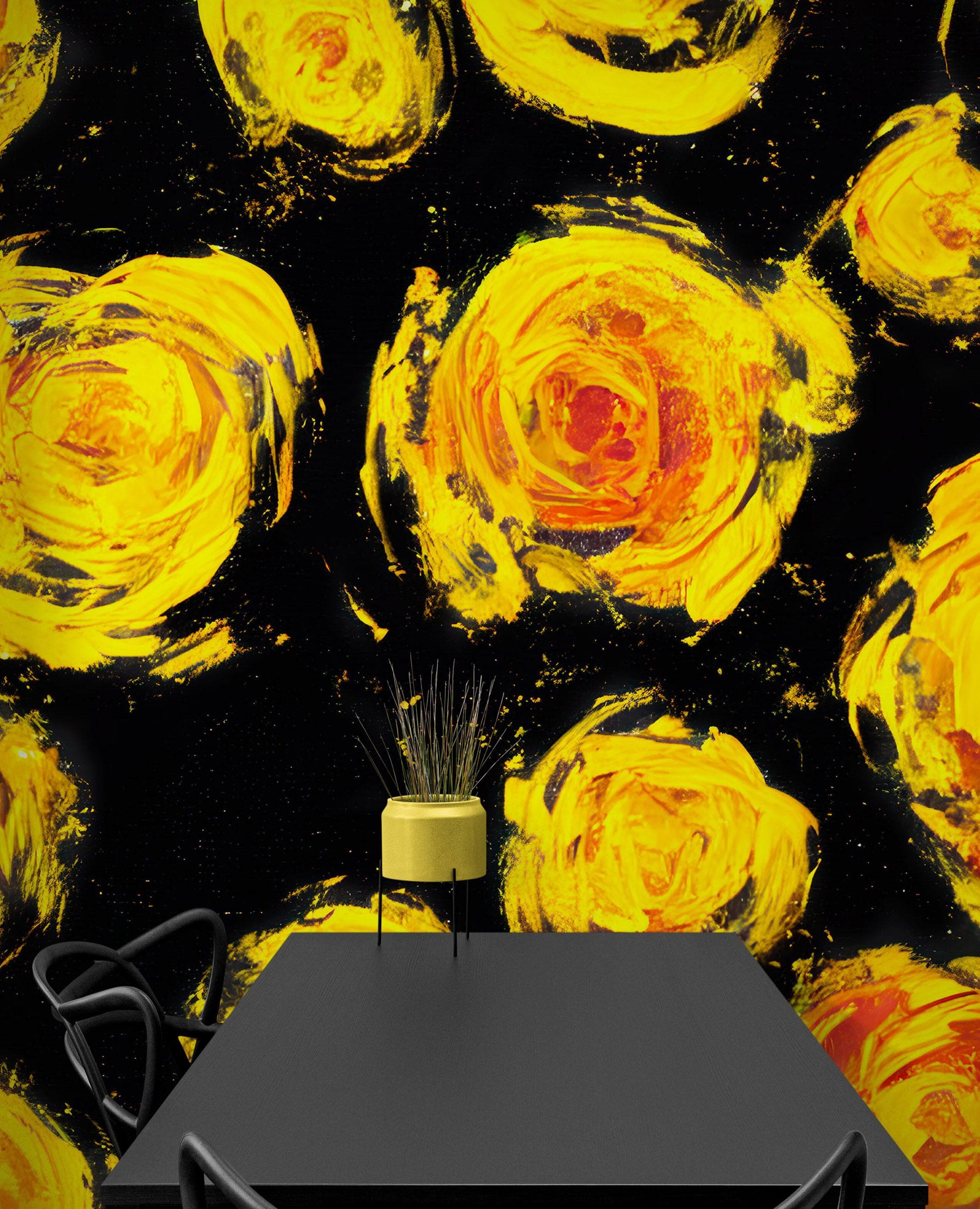 Mural de pared autoadhesivo con papel tapiz de flores. Flores amarillas sobre fondo negro. #6499 