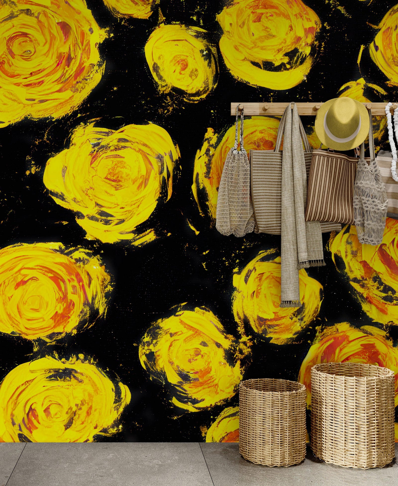 Mural de pared autoadhesivo con papel tapiz de flores. Flores amarillas sobre fondo negro. #6499 