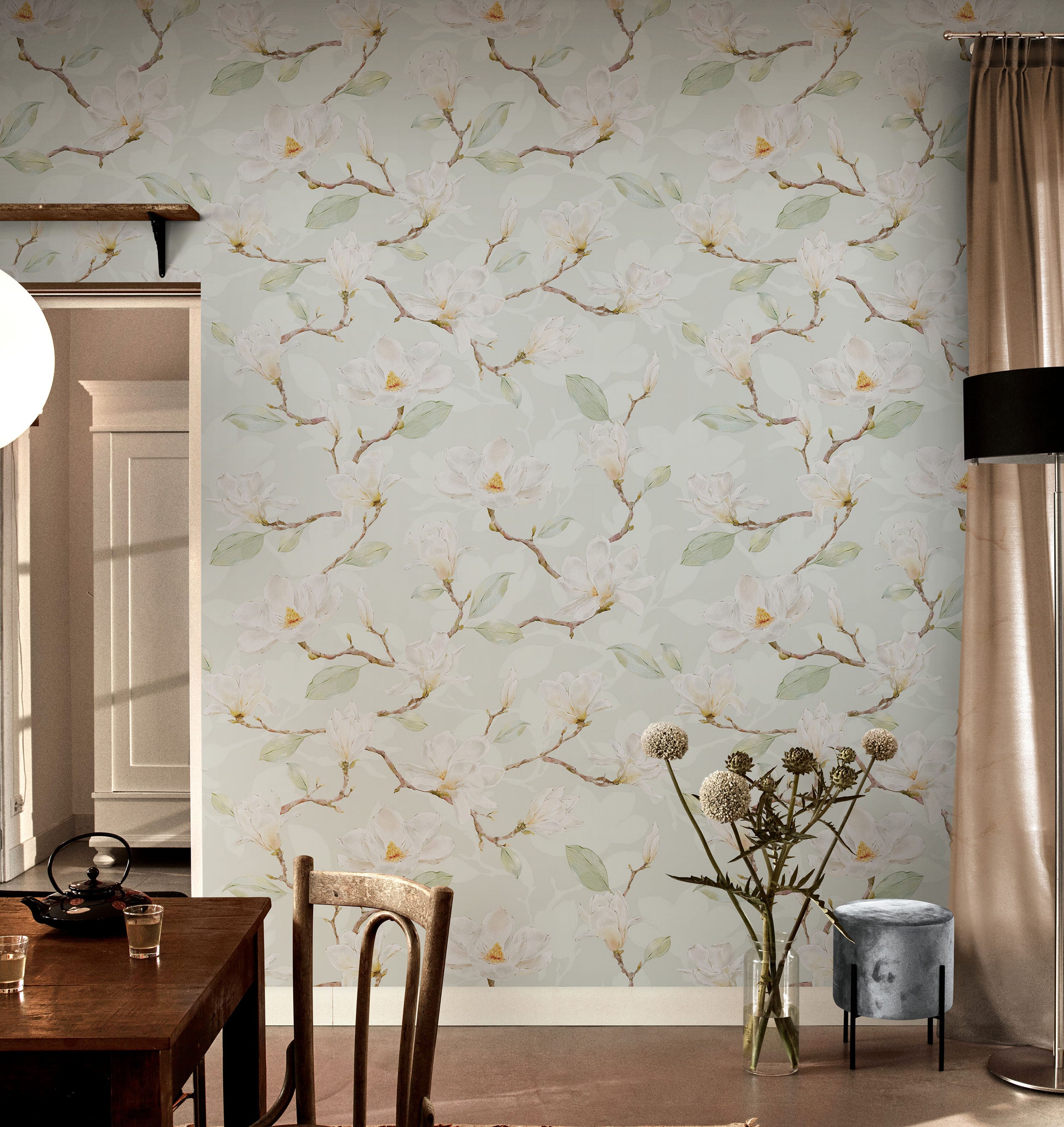 Mural de pared con diseño de magnolia blanca, papel pintado autoadhesivo. N.º 6477