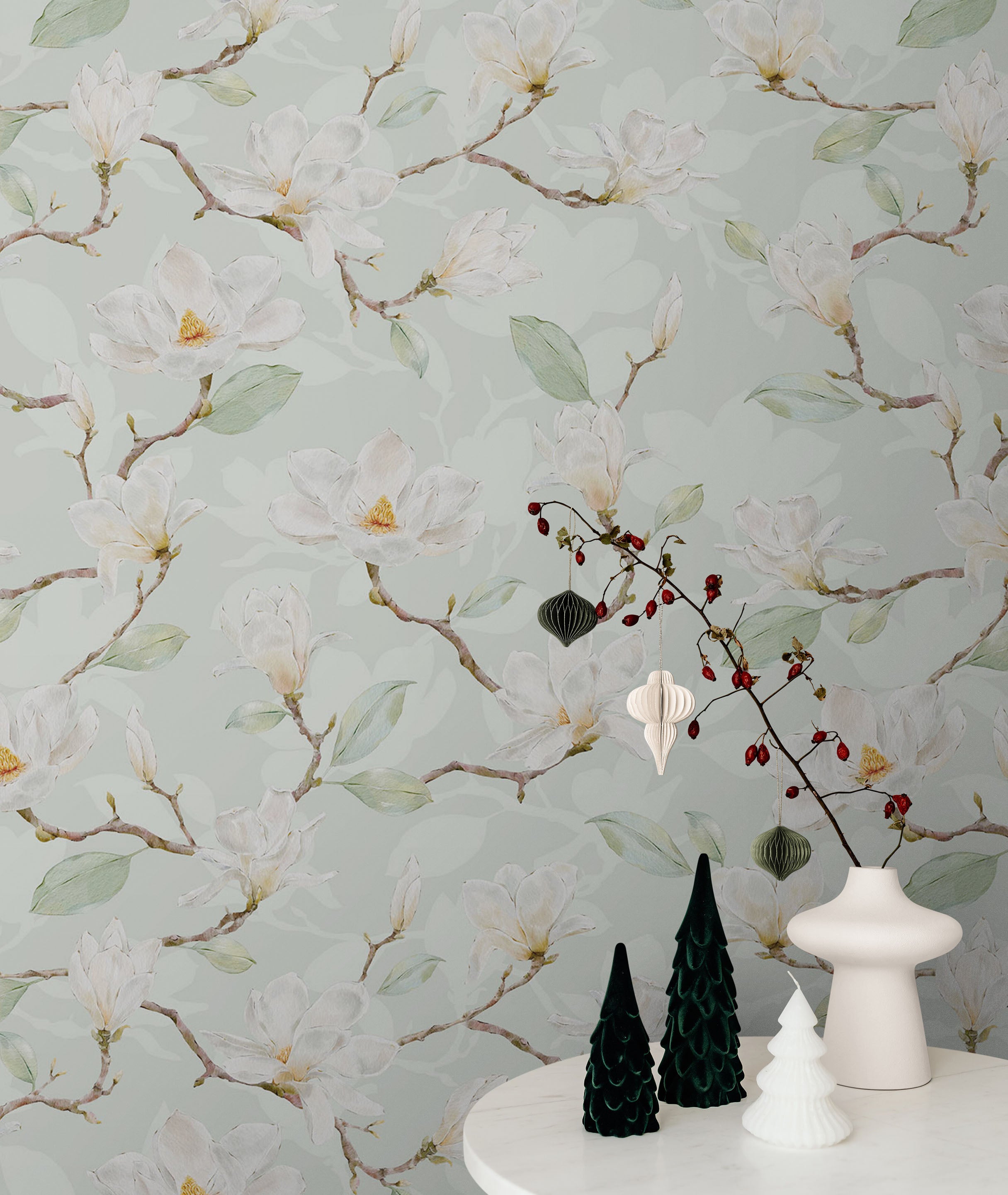 Mural de pared con diseño de magnolia blanca, papel pintado autoadhesivo. N.º 6477