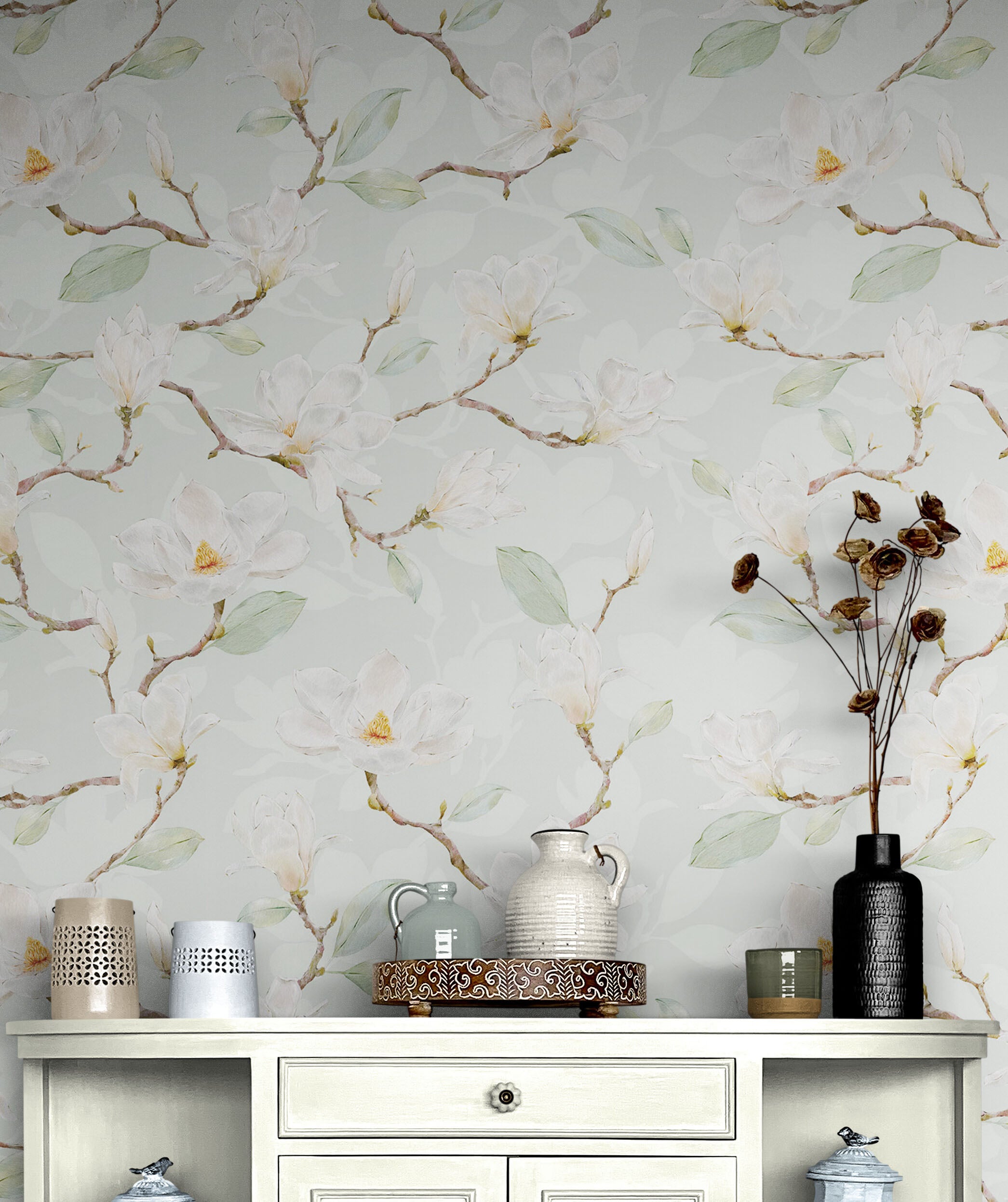 Mural de pared con diseño de magnolia blanca, papel pintado autoadhesivo. N.º 6477