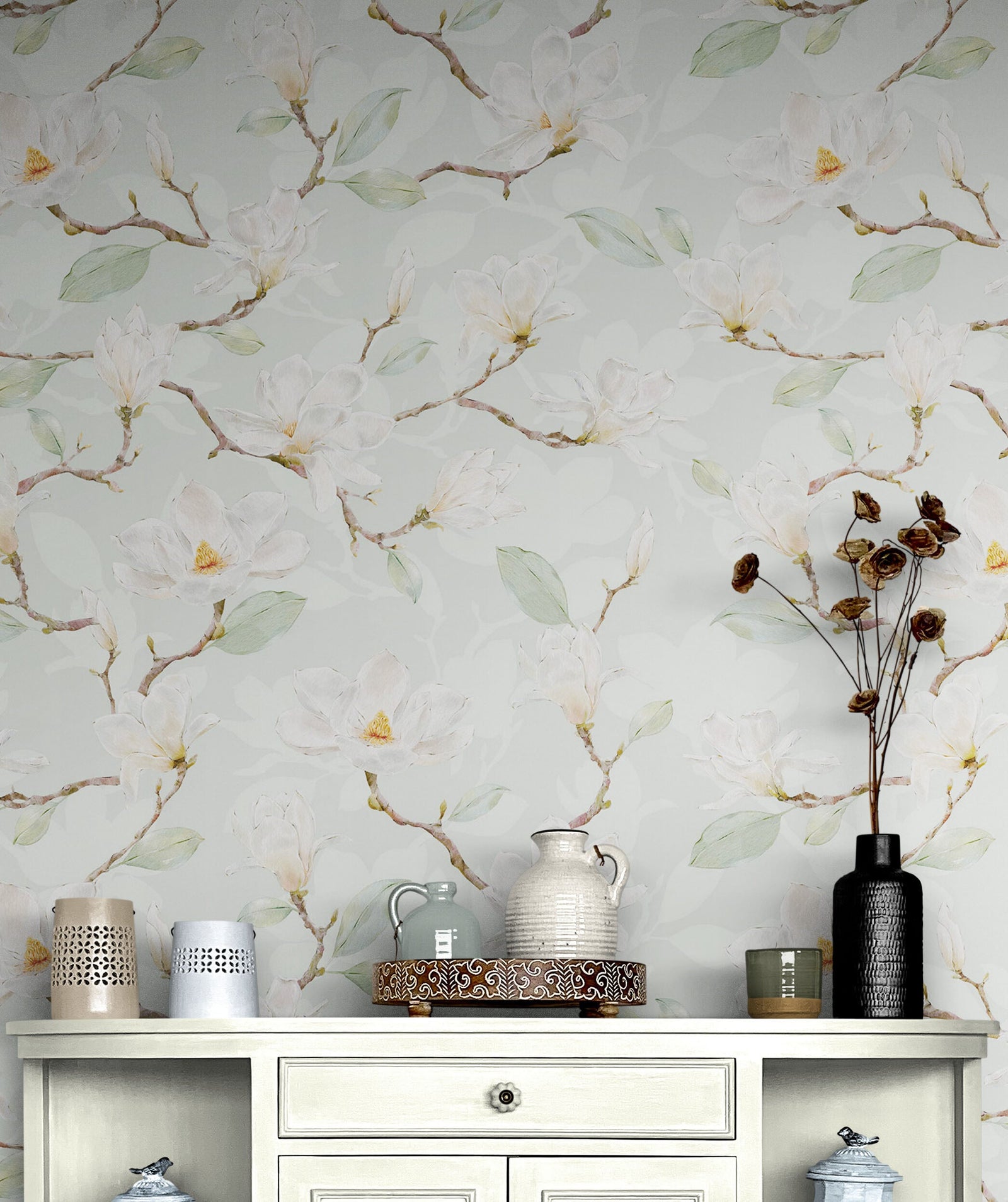 Mural de pared con diseño de magnolia blanca, papel pintado autoadhesivo. N.º 6477