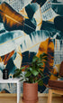 Mural de pared abstracto con follaje de hojas tropicales. Patrones de colores oscuros. N.º 6479