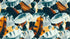 Mural de pared abstracto con follaje de hojas tropicales. Patrones de colores oscuros. N.º 6479