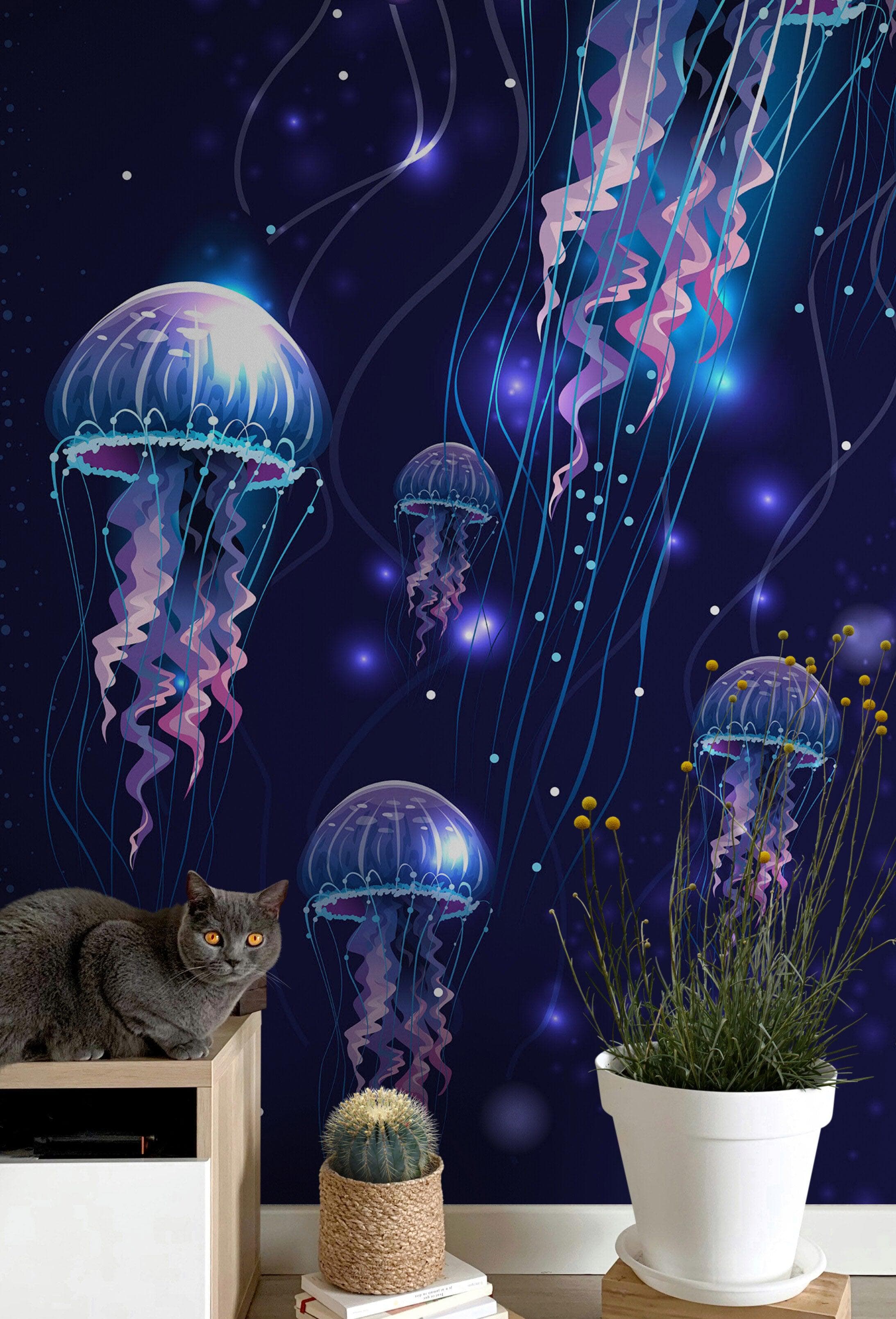 Fondo de pantalla de medusas. Mural de pared con escena submarina del océano. #6480