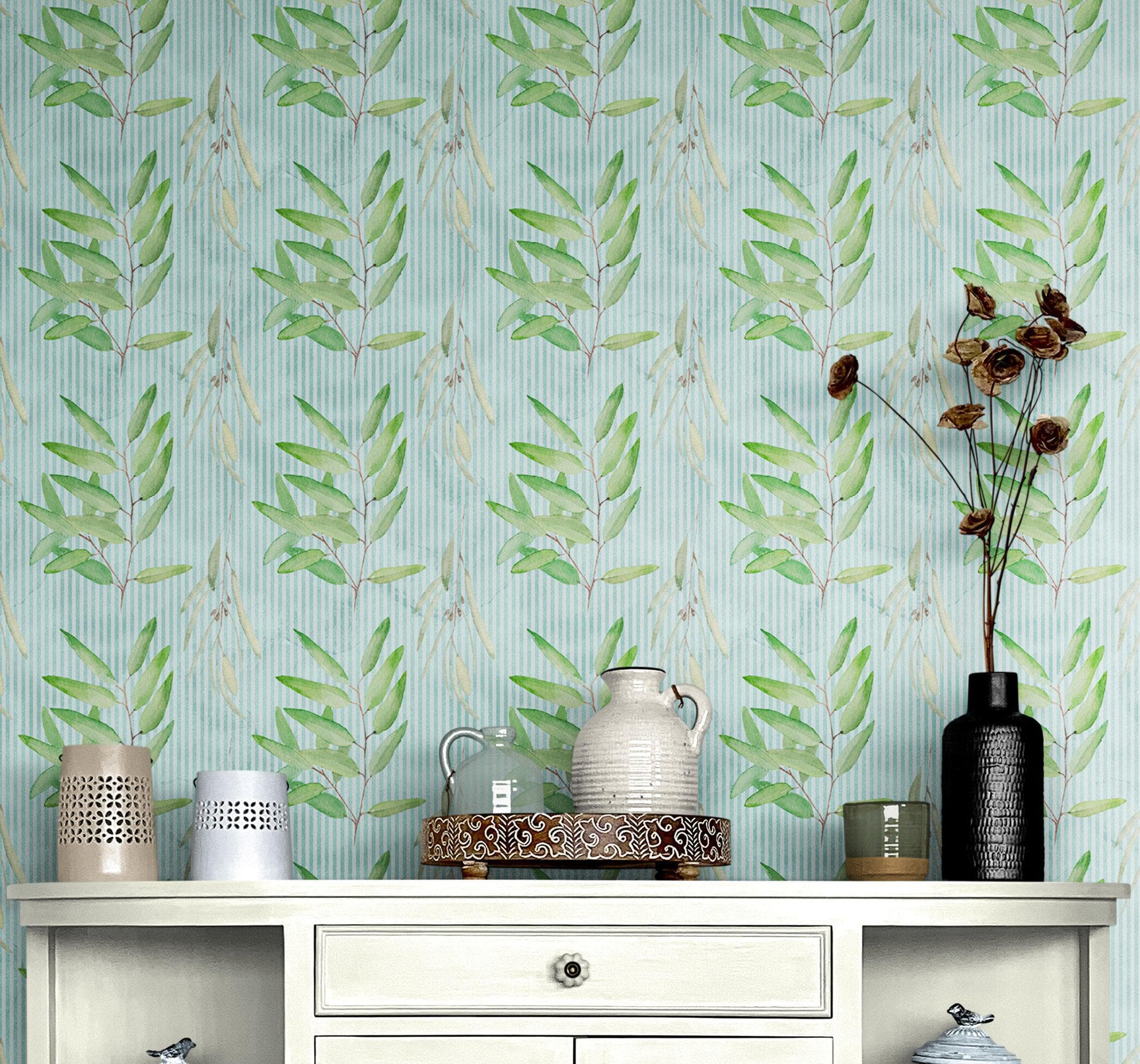 Papel tapiz de eucalipto. Mural de pared autoadhesivo con decoración rústica. Colores azul y verde. N.º 6482 