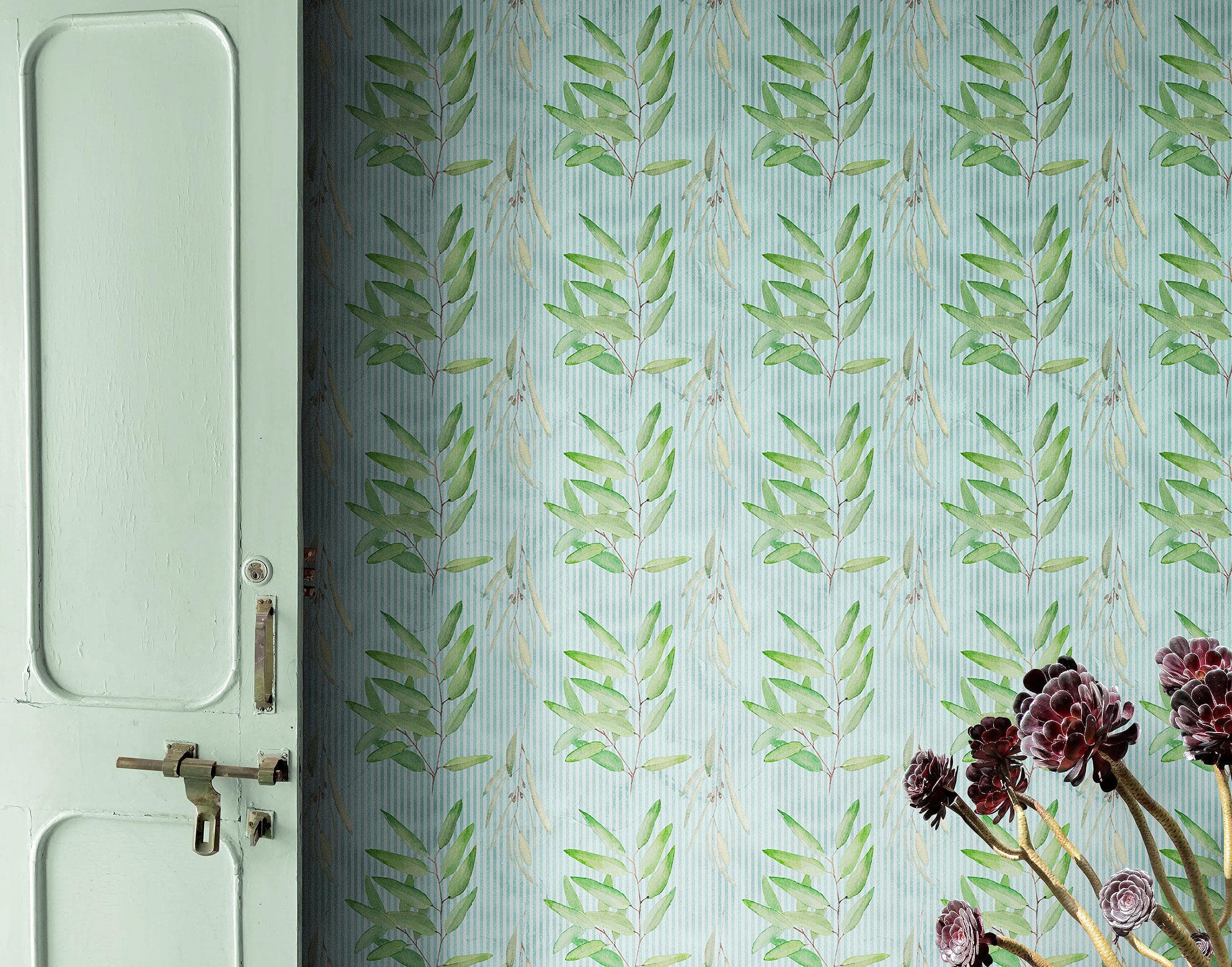 Papel tapiz de eucalipto. Mural de pared autoadhesivo con decoración rústica. Colores azul y verde. N.º 6482 