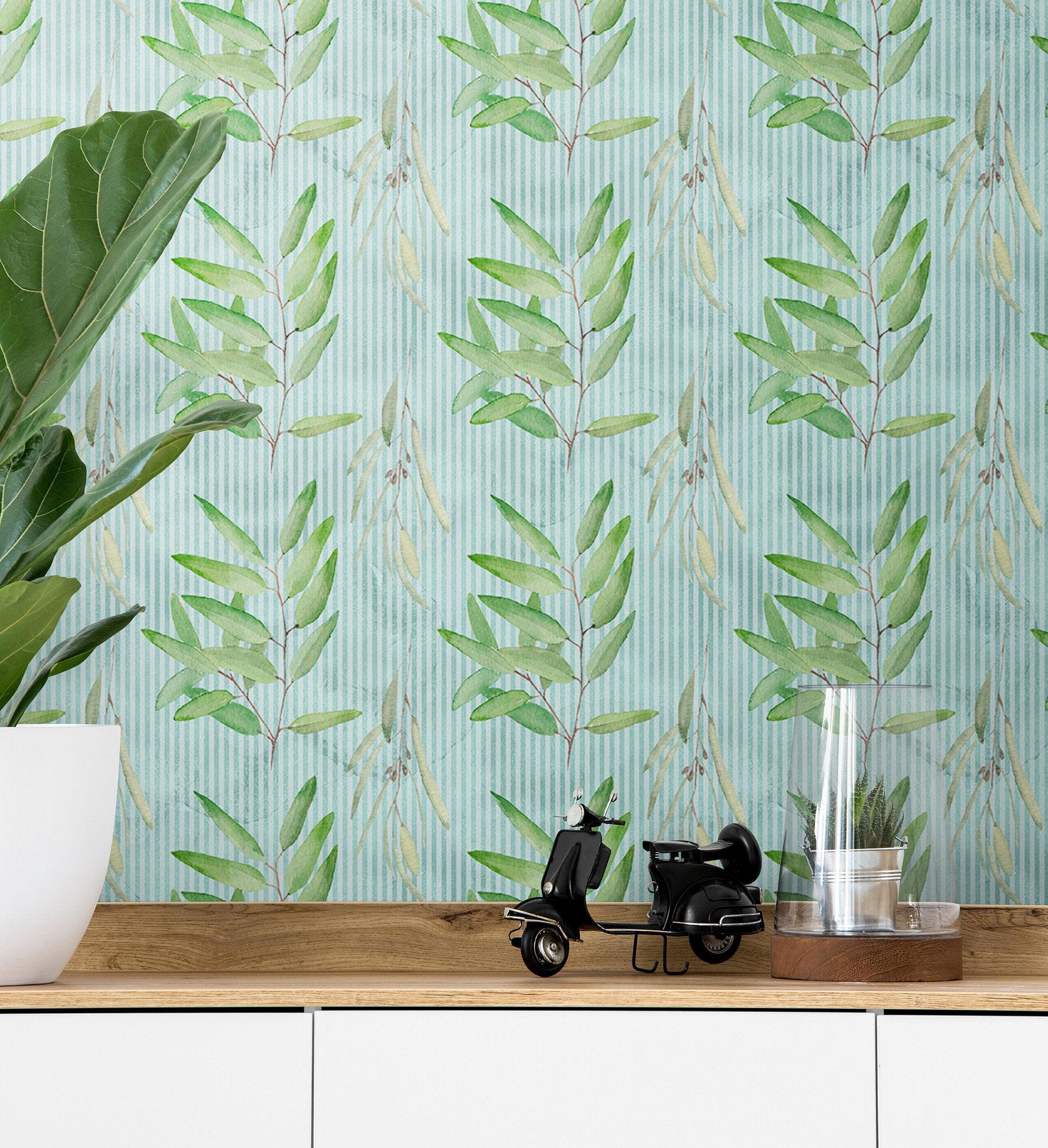 Papel tapiz de eucalipto. Mural de pared autoadhesivo con decoración rústica. Colores azul y verde. N.º 6482 