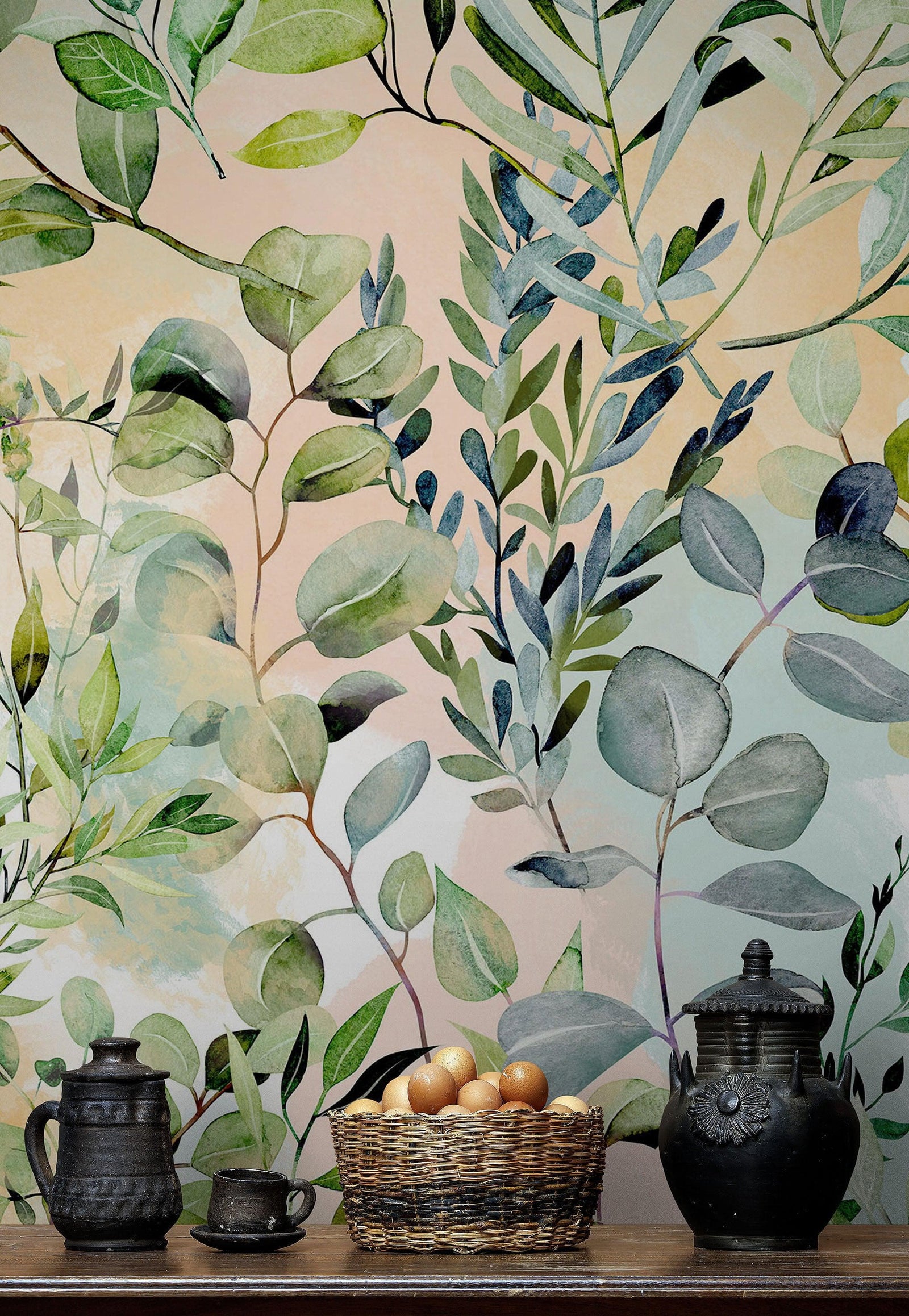 Papel pintado de eucalipto en acuarela de colores pastel. #6483 