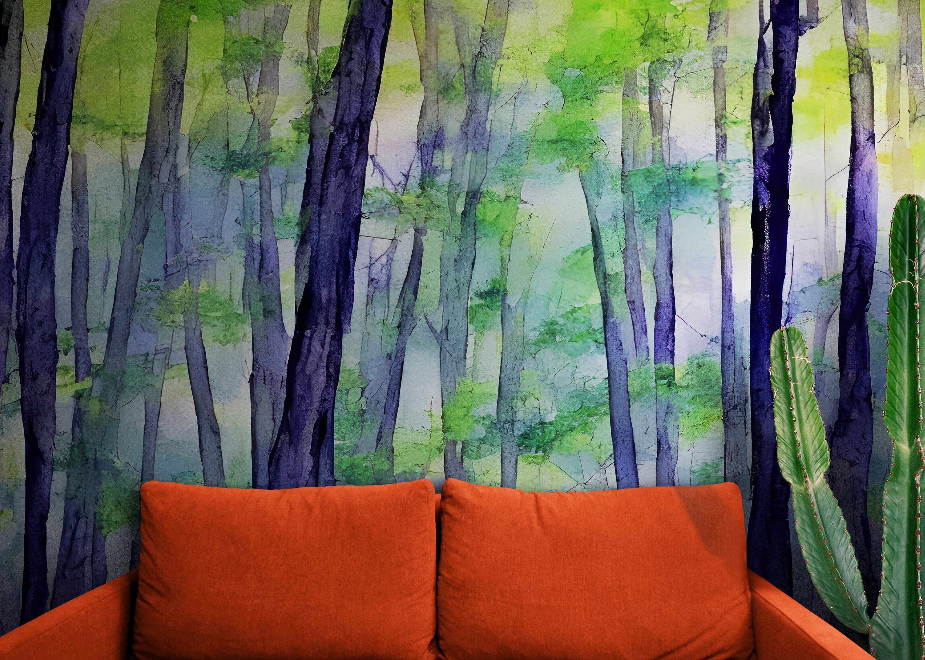 Papel tapiz de bosque con acuarela. Mural de pared autoadhesivo con bosque colorido. #6493 