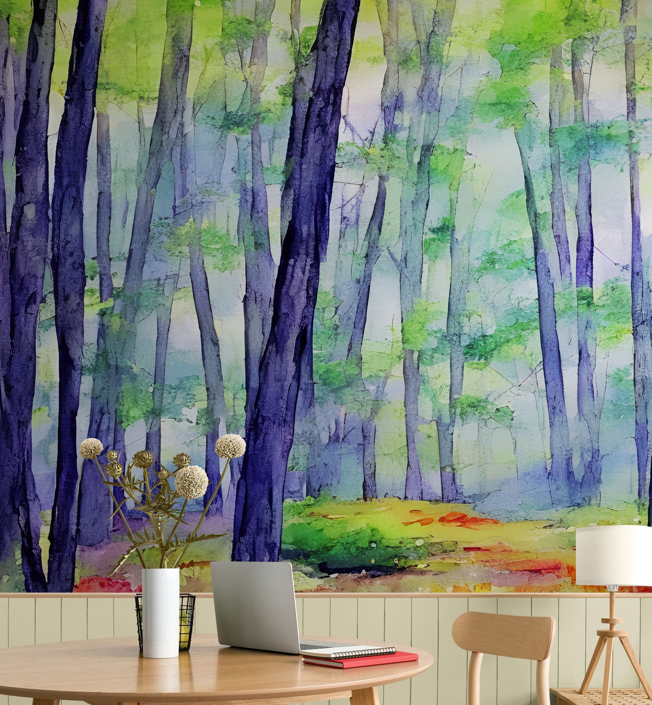 Papel tapiz de bosque con acuarela. Mural de pared autoadhesivo con bosque colorido. #6493 