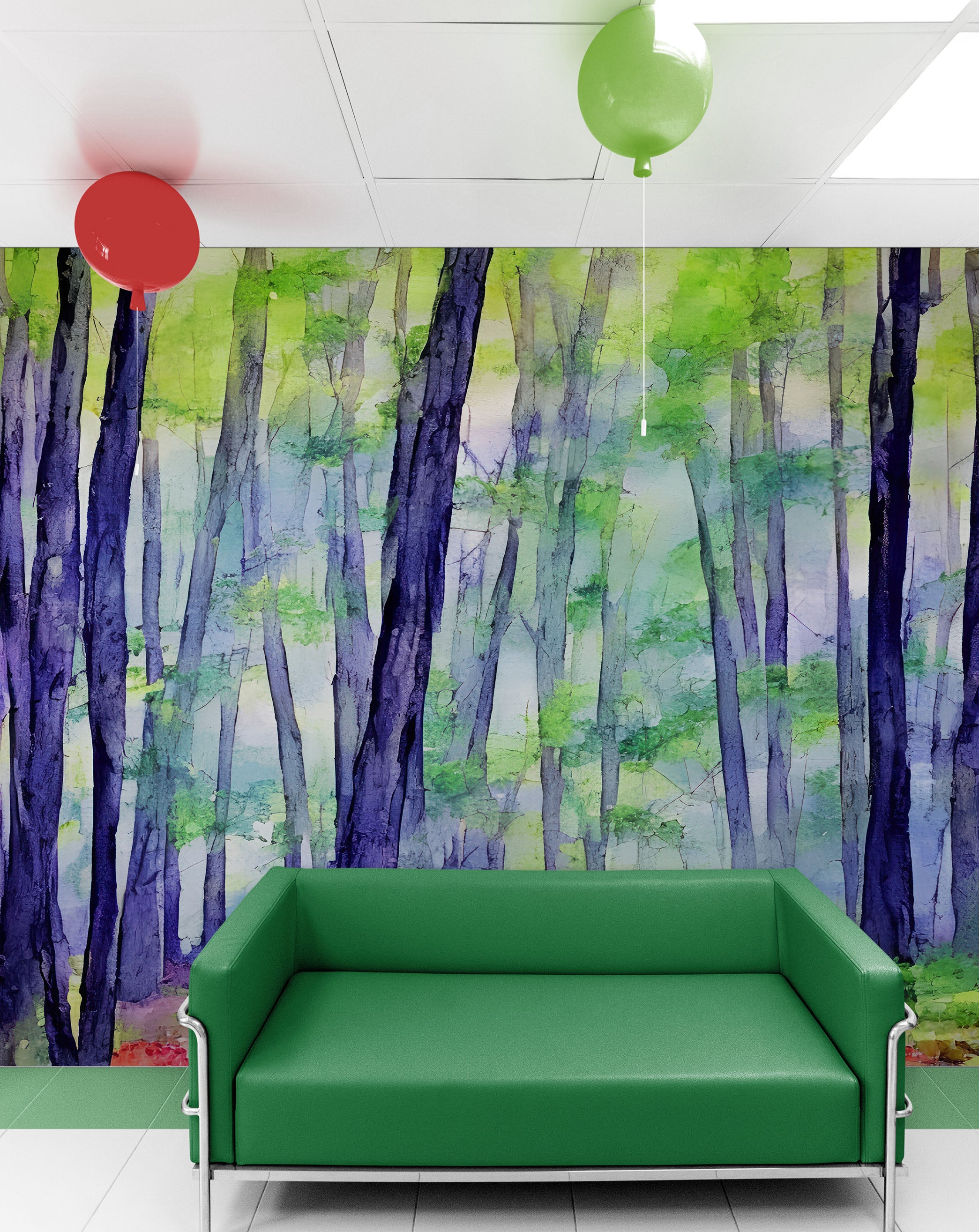 Papel tapiz de bosque con acuarela. Mural de pared autoadhesivo con bosque colorido. #6493 