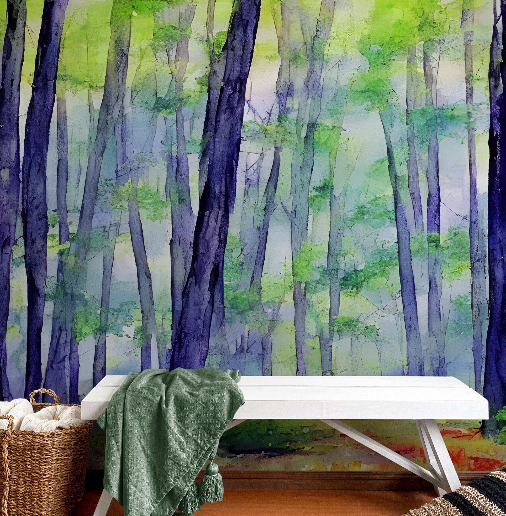 Papel tapiz de bosque con acuarela. Mural de pared autoadhesivo con bosque colorido. #6493 