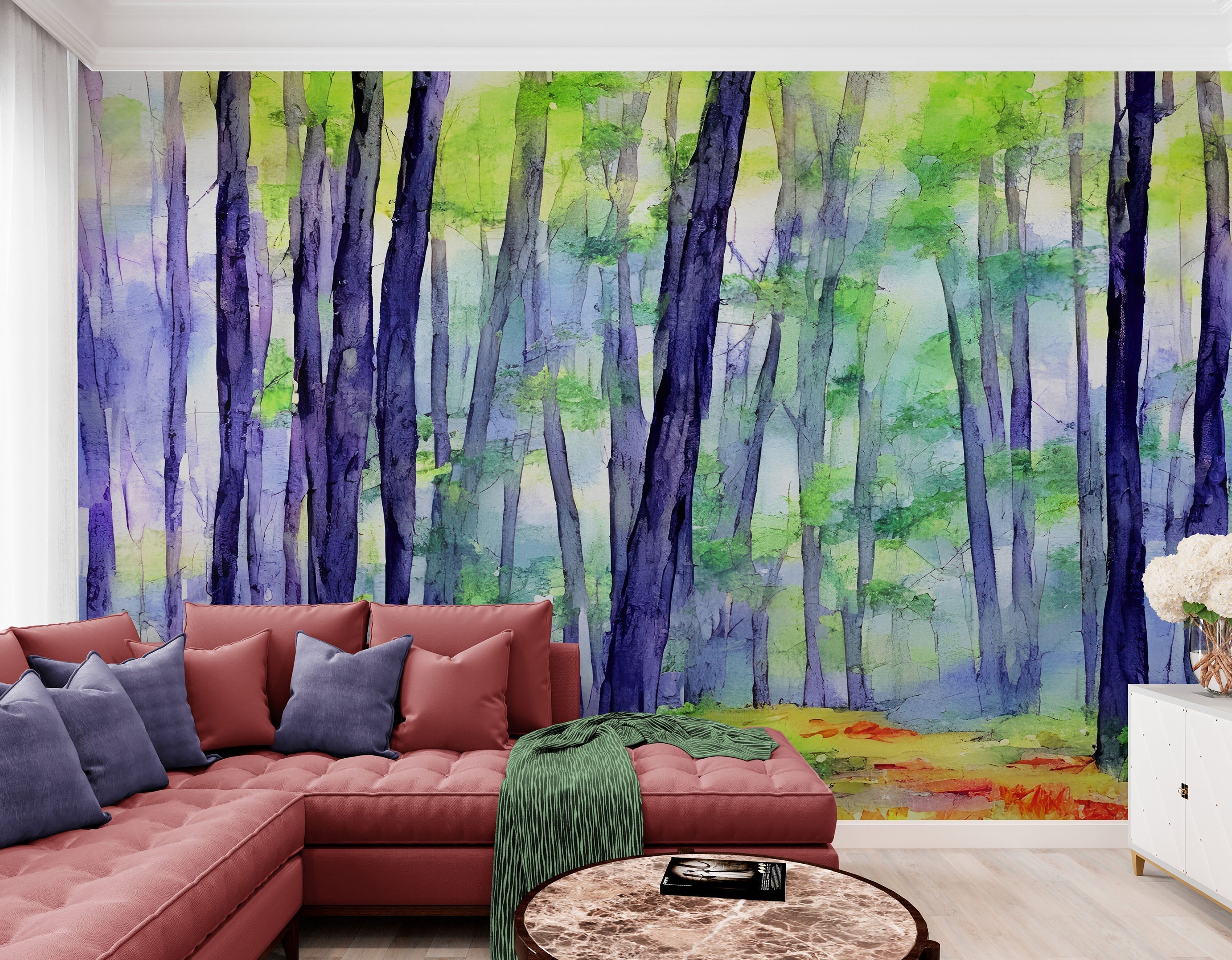 Papel tapiz de bosque con acuarela. Mural de pared autoadhesivo con bosque colorido. #6493 