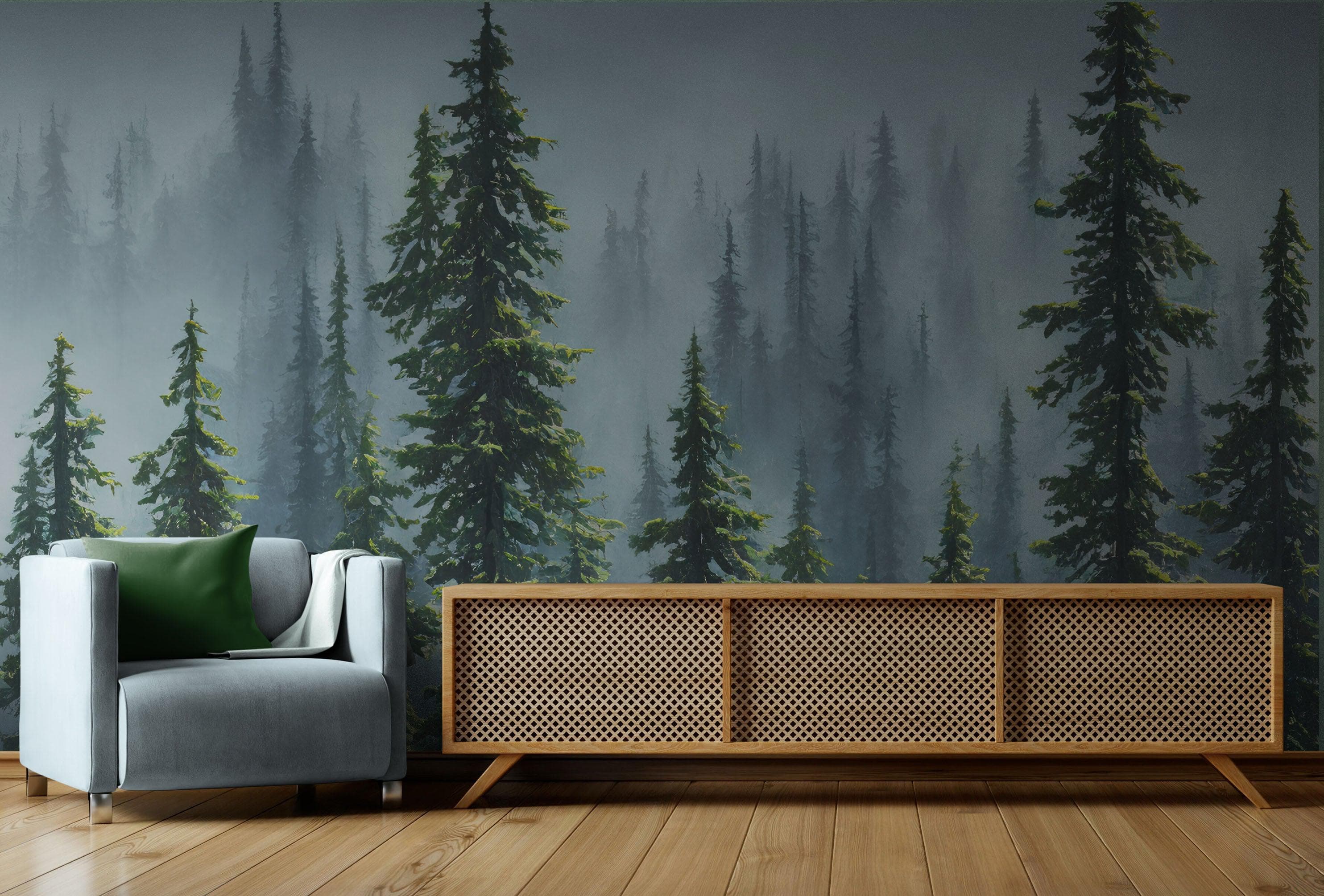 Mural de pared con naturaleza, selva tropical, paisaje de bosque brumoso. #6494 