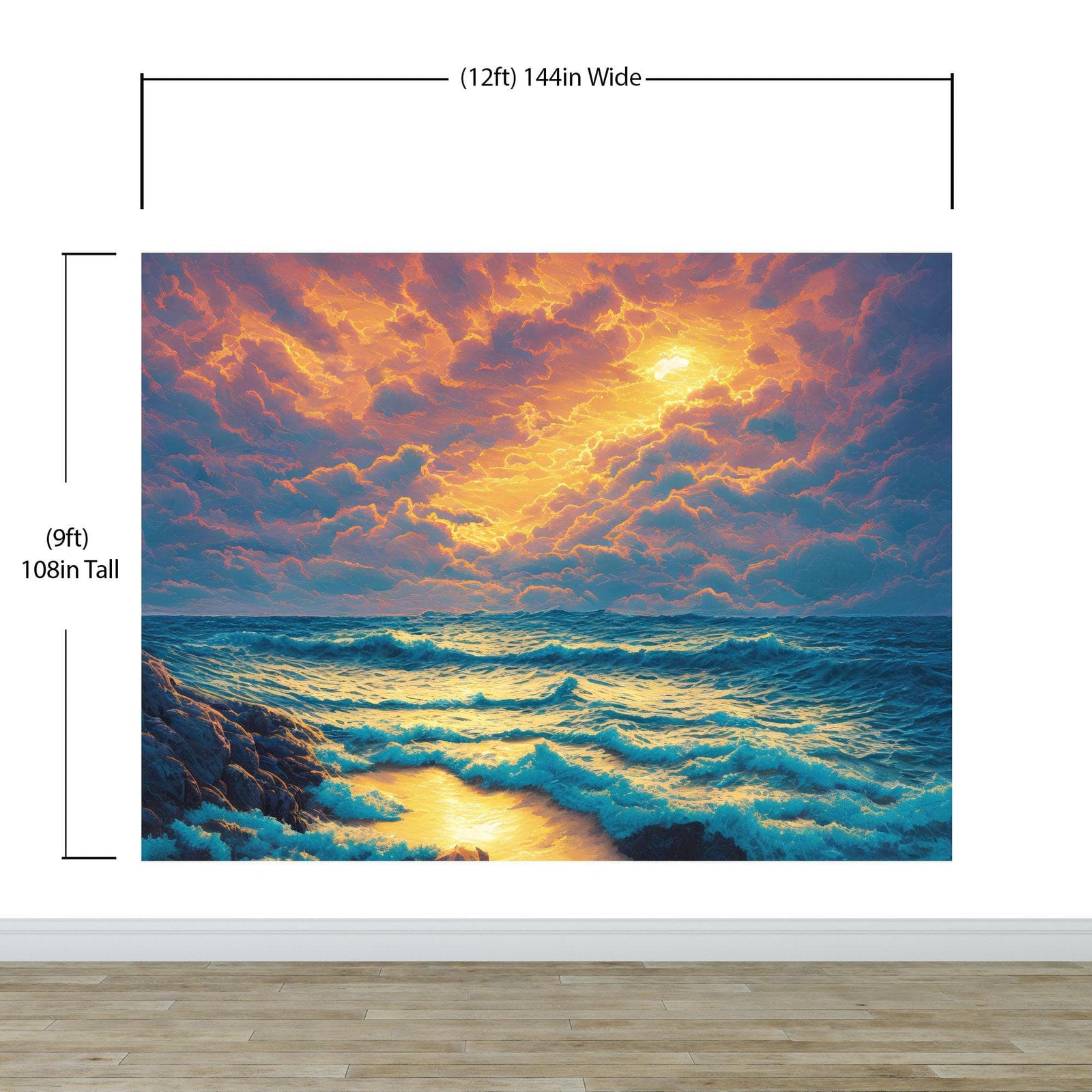 Mural de pared con imagen dramática de una puesta de sol sobre el océano azul, papel pintado autoadhesivo. #6495