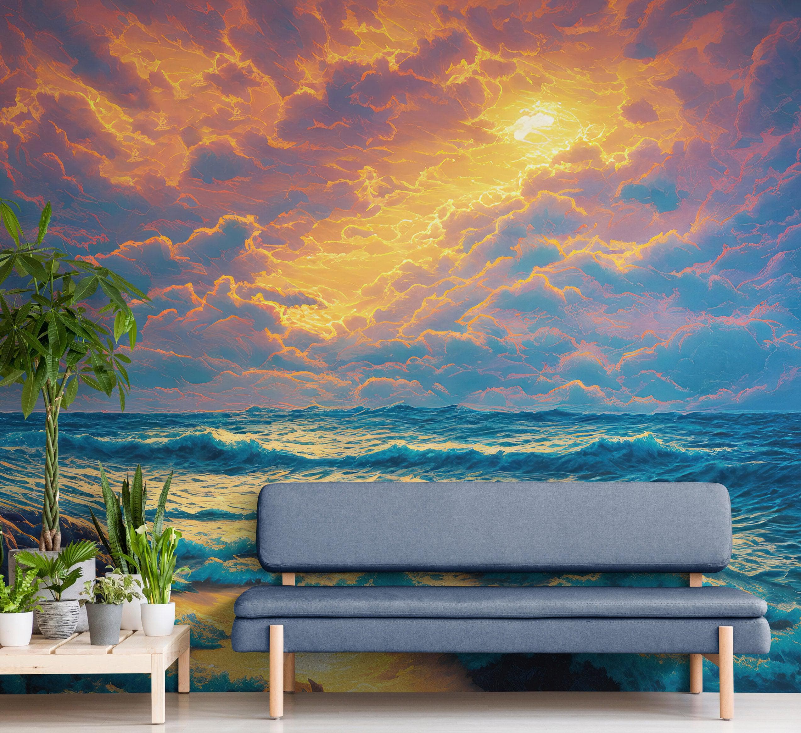 Mural de pared con imagen dramática de una puesta de sol sobre el océano azul, papel pintado autoadhesivo. #6495