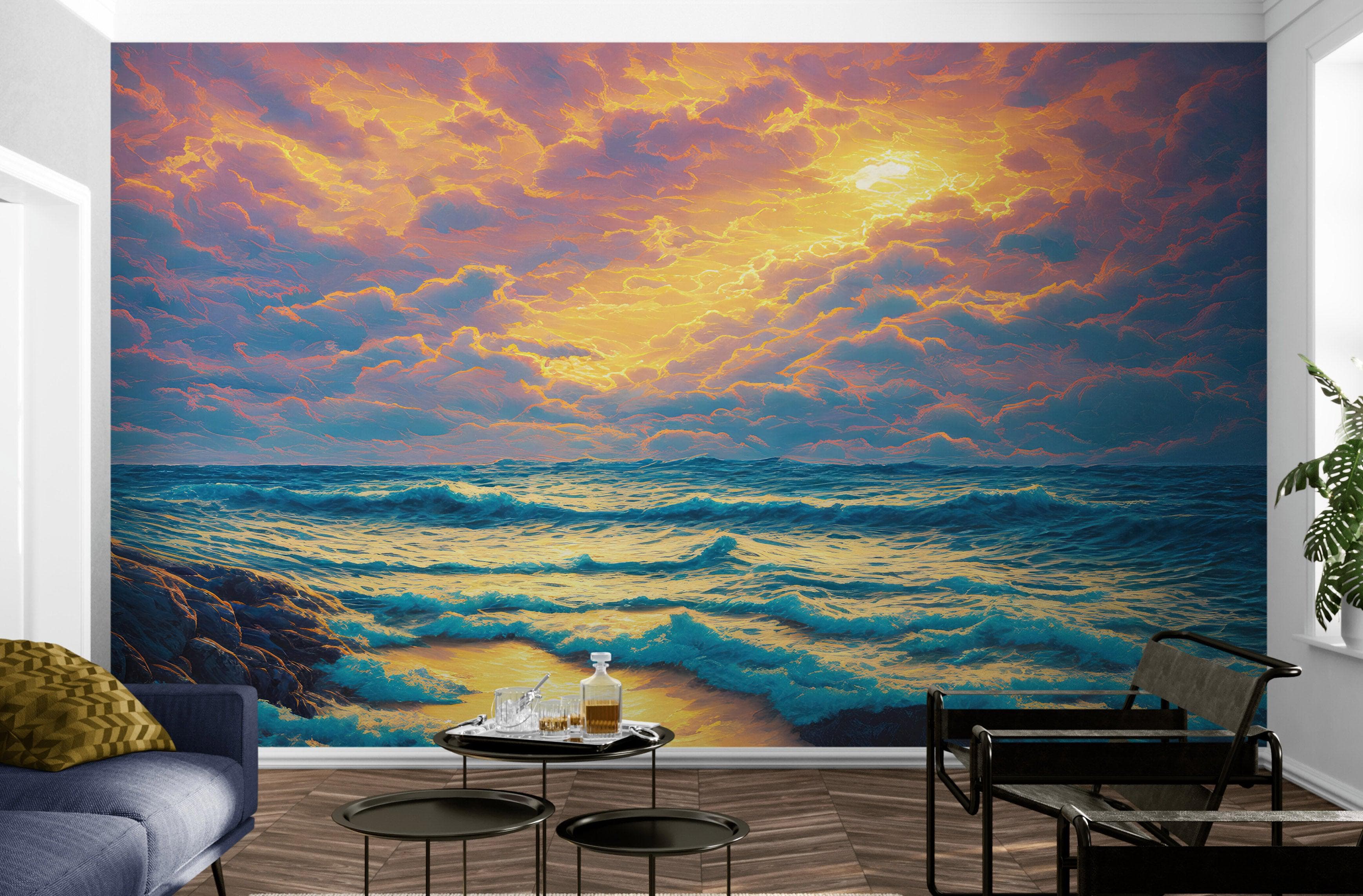 Mural de pared con imagen dramática de una puesta de sol sobre el océano azul, papel pintado autoadhesivo. #6495