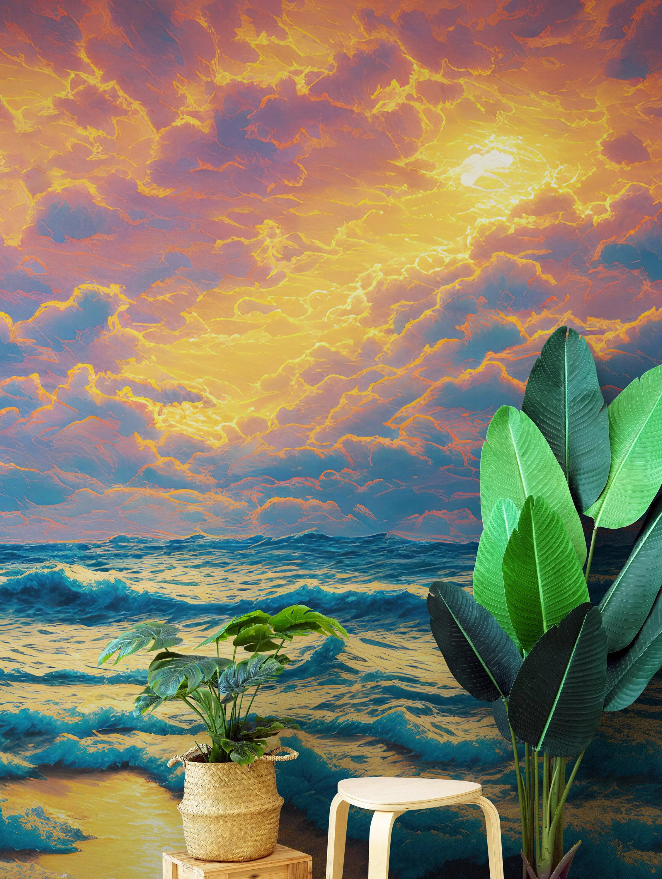 Mural de pared con imagen dramática de una puesta de sol sobre el océano azul, papel pintado autoadhesivo. #6495