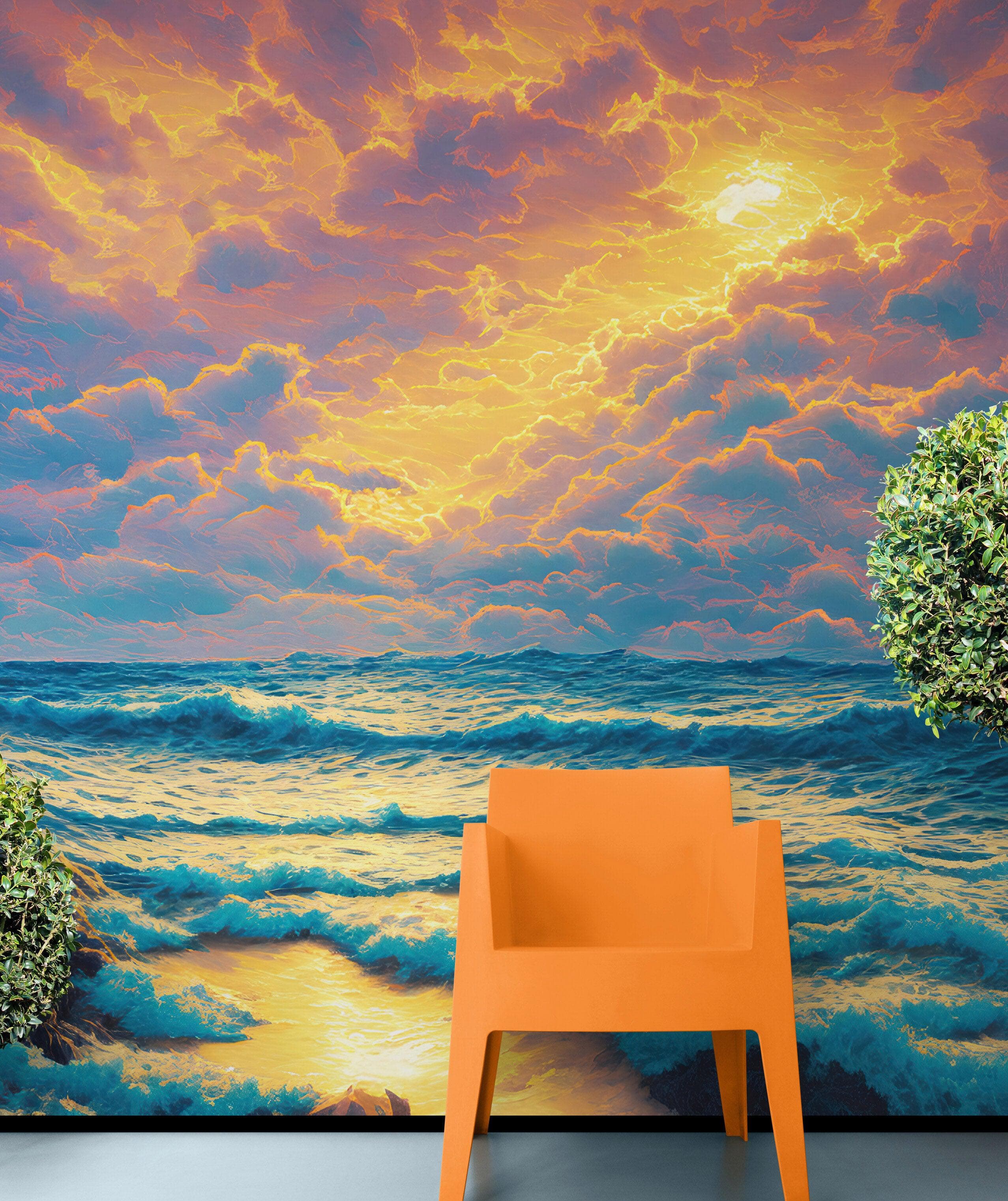 Mural de pared con imagen dramática de una puesta de sol sobre el océano azul, papel pintado autoadhesivo. #6495