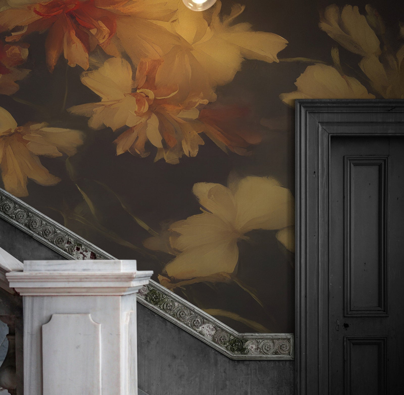 Fondo de pantalla botánico vintage con flores amarillas y fondo oscuro. #6497 
