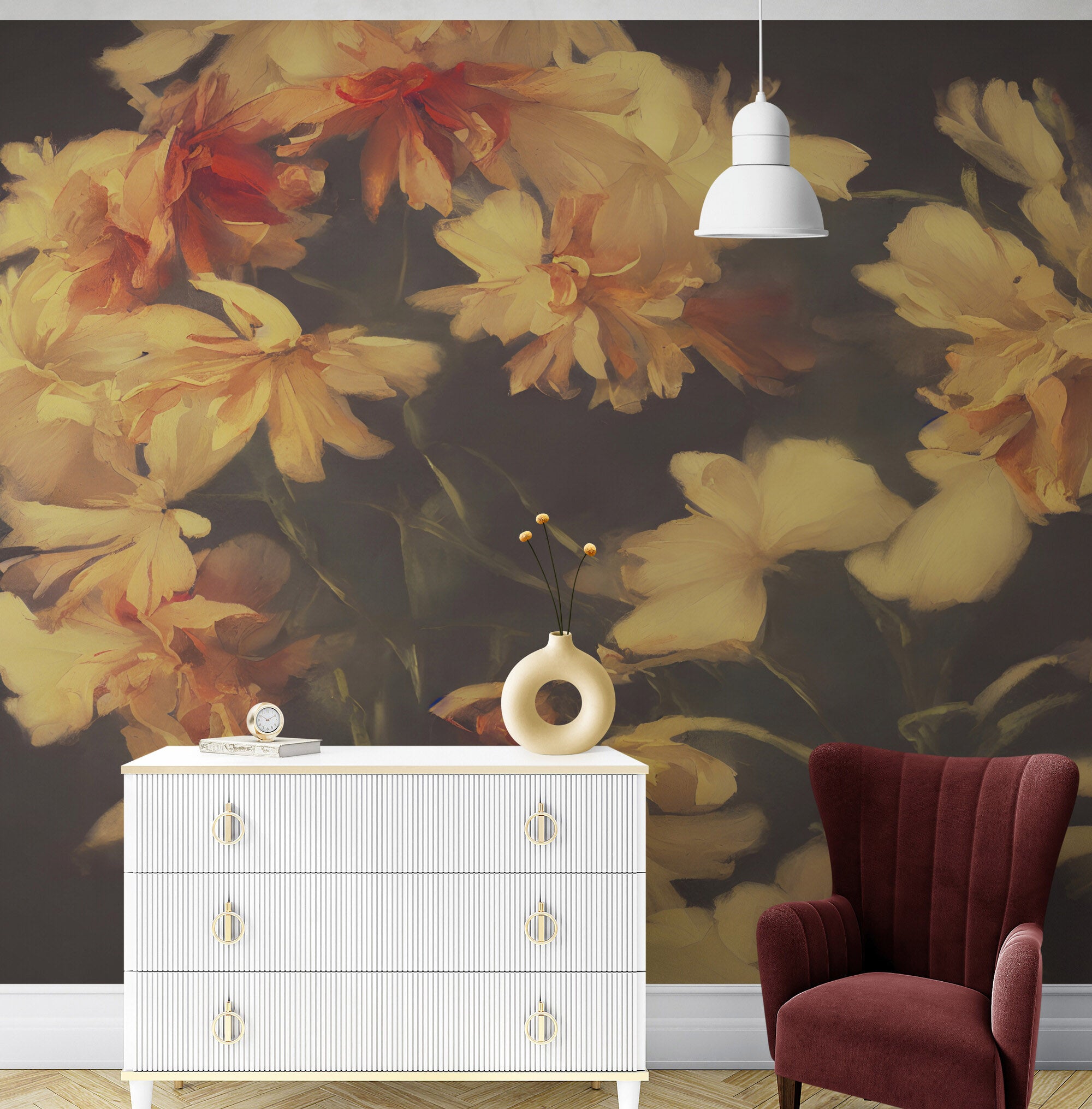 Fondo de pantalla botánico vintage con flores amarillas y fondo oscuro. #6497 