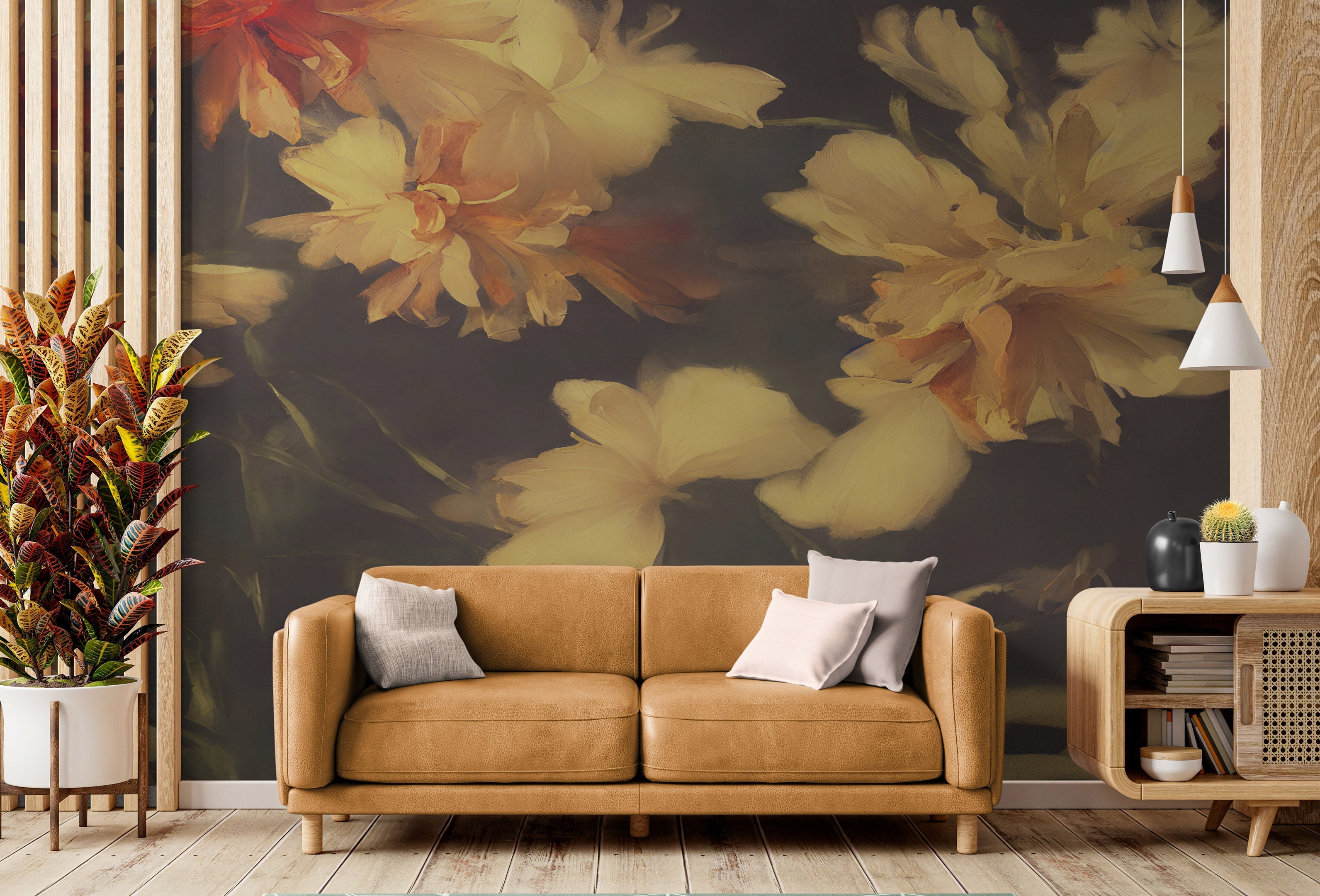 Fondo de pantalla botánico vintage con flores amarillas y fondo oscuro. #6497 