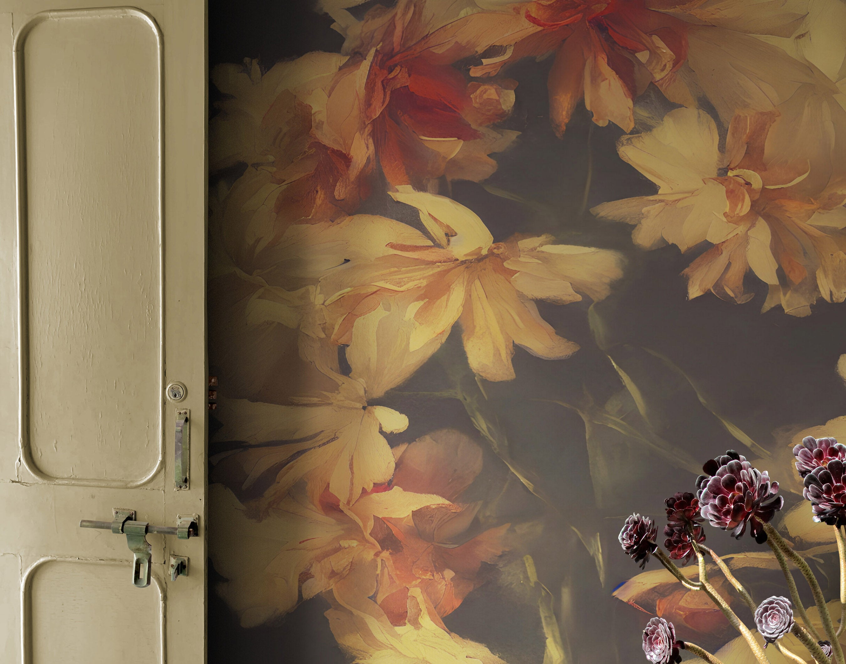 Fondo de pantalla botánico vintage con flores amarillas y fondo oscuro. #6497 