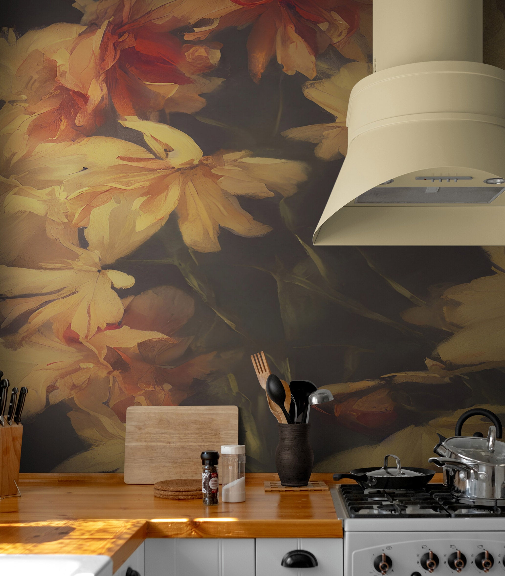 Fondo de pantalla botánico vintage con flores amarillas y fondo oscuro. #6497 