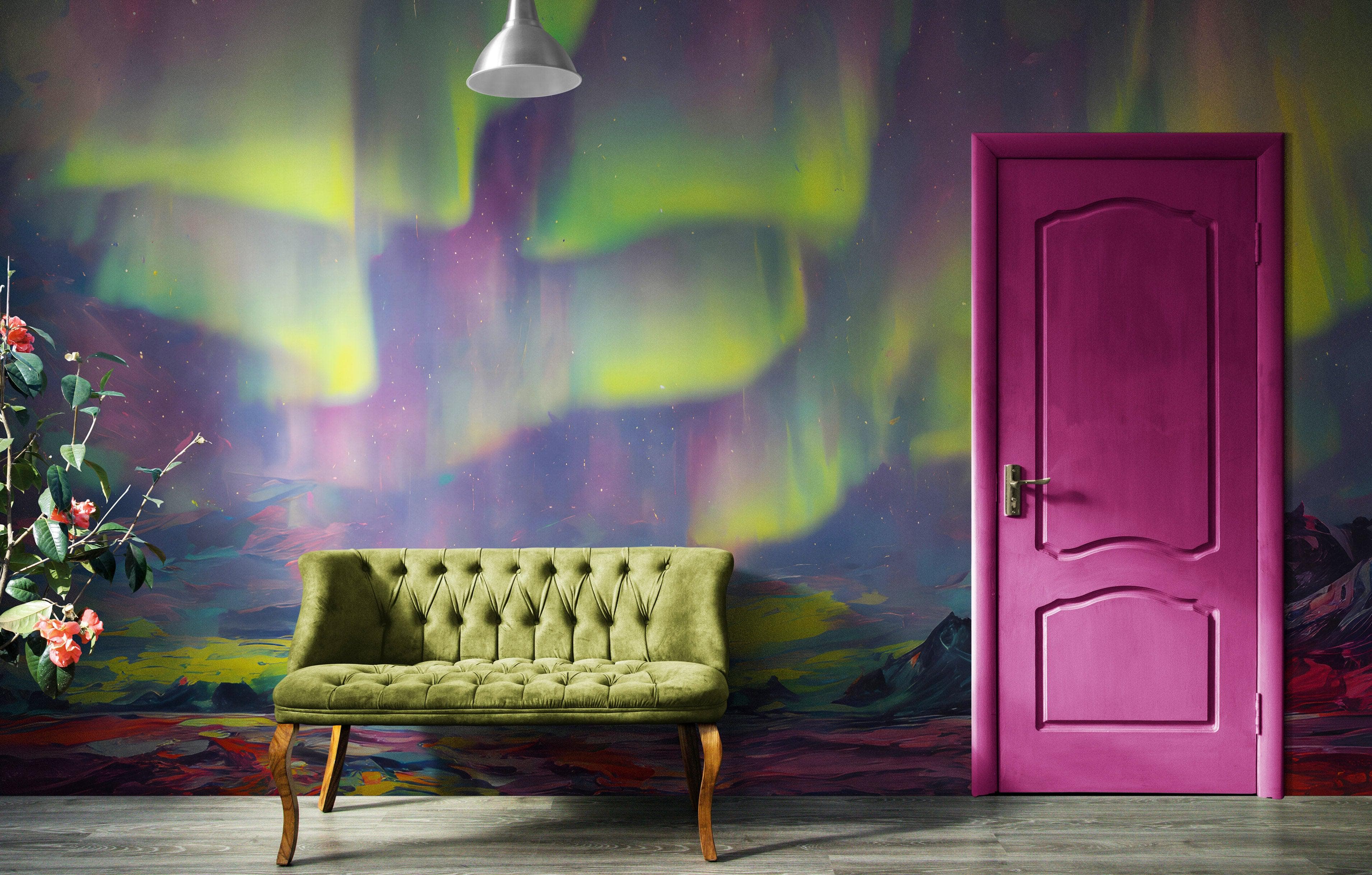 Papel tapiz de la aurora boreal, mural de pared autoadhesivo. Pintura artística de la aurora boreal. Papel tapiz colorido. #6498 
