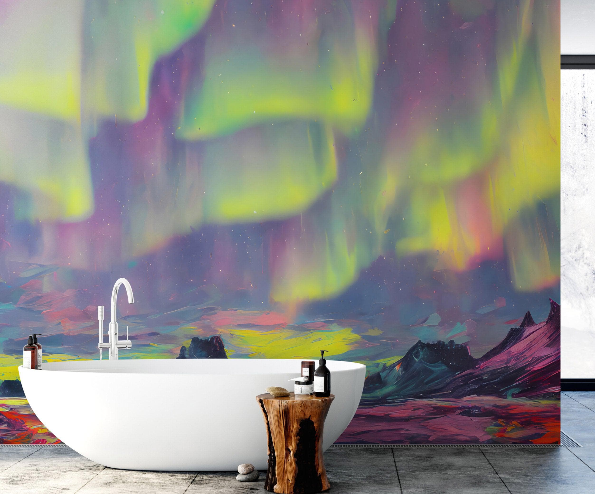 Papel tapiz de la aurora boreal, mural de pared autoadhesivo. Pintura artística de la aurora boreal. Papel tapiz colorido. #6498 