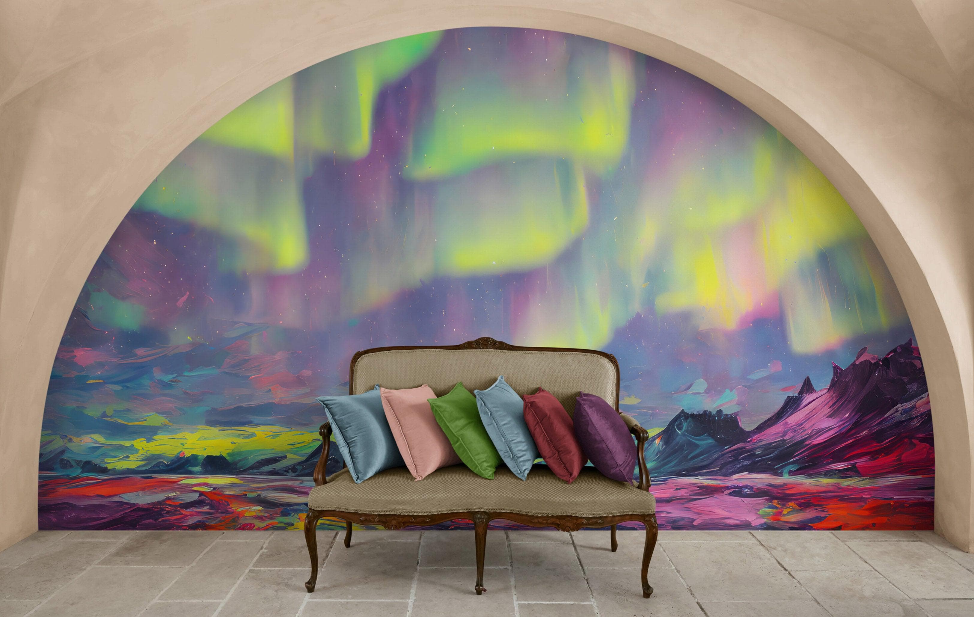Papel tapiz de la aurora boreal, mural de pared autoadhesivo. Pintura artística de la aurora boreal. Papel tapiz colorido. #6498 