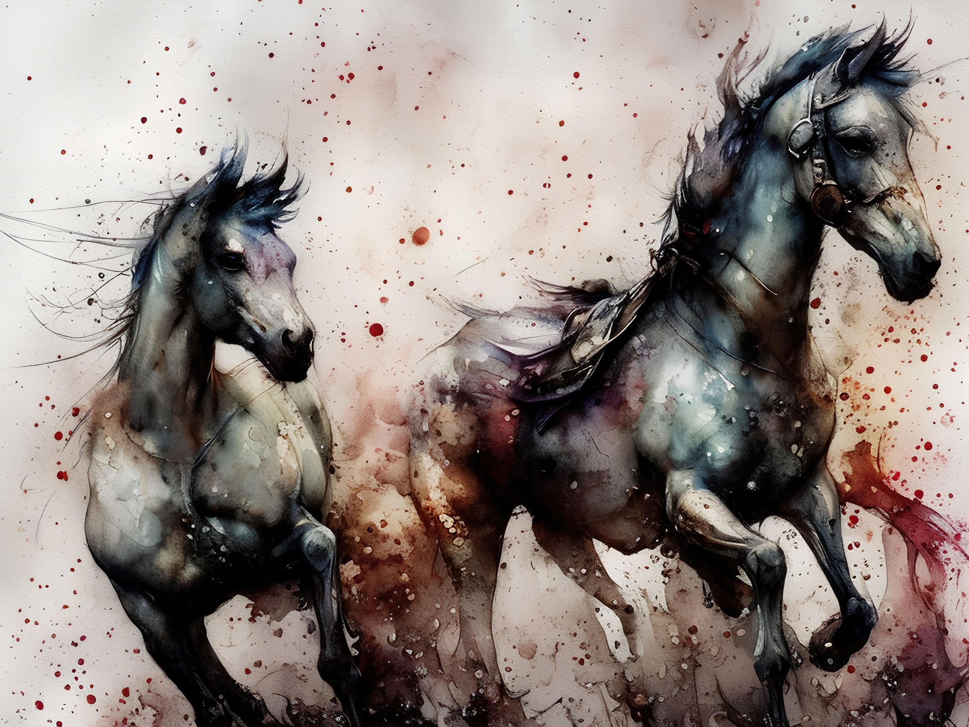 Pintura de acuarela de un caballo al galope. Mural de pared autoadhesivo de vaquero. N.º 6500